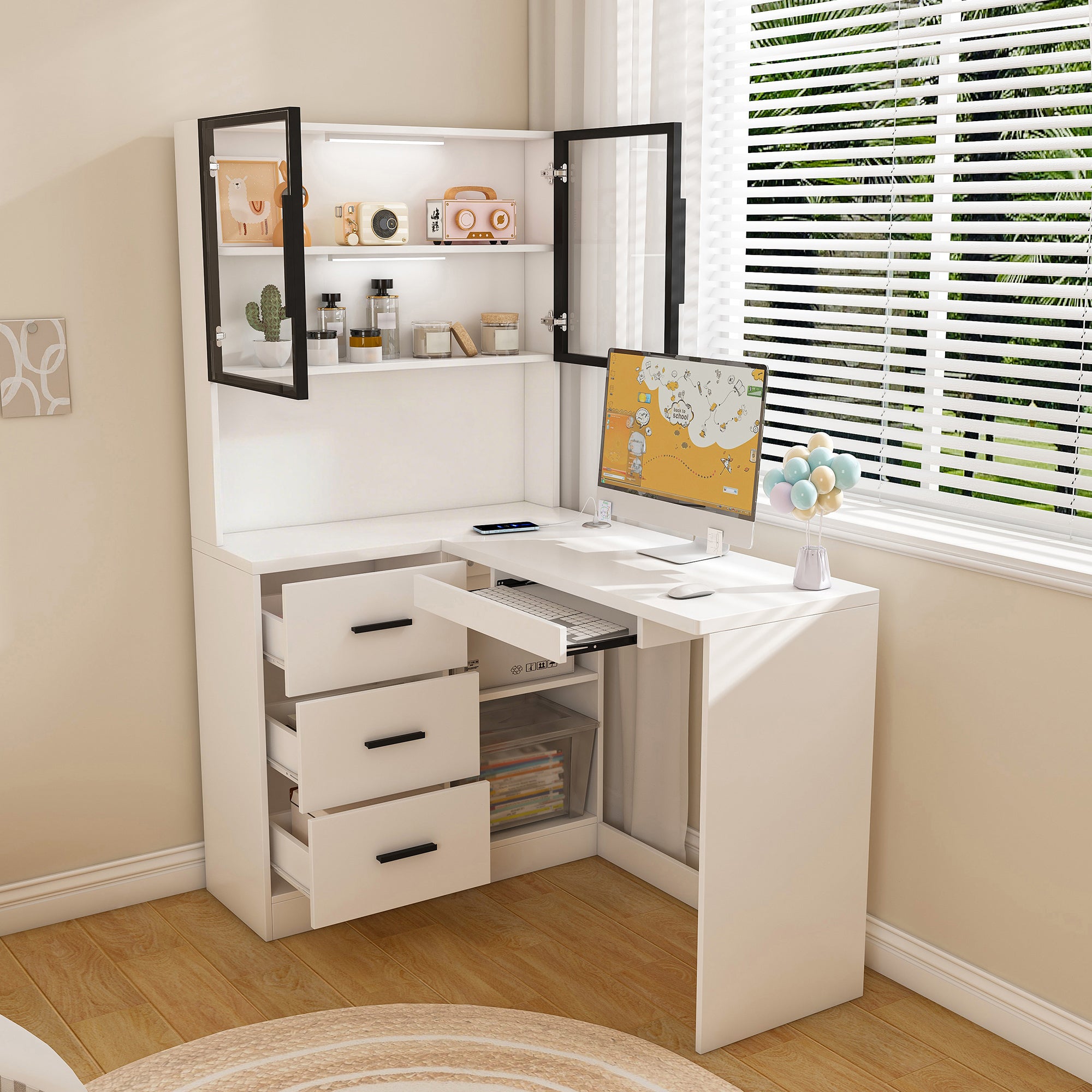 White L-Shaped Computer Desk with Glass Cabinets, Built-In LED Lights, USB Charging Ports