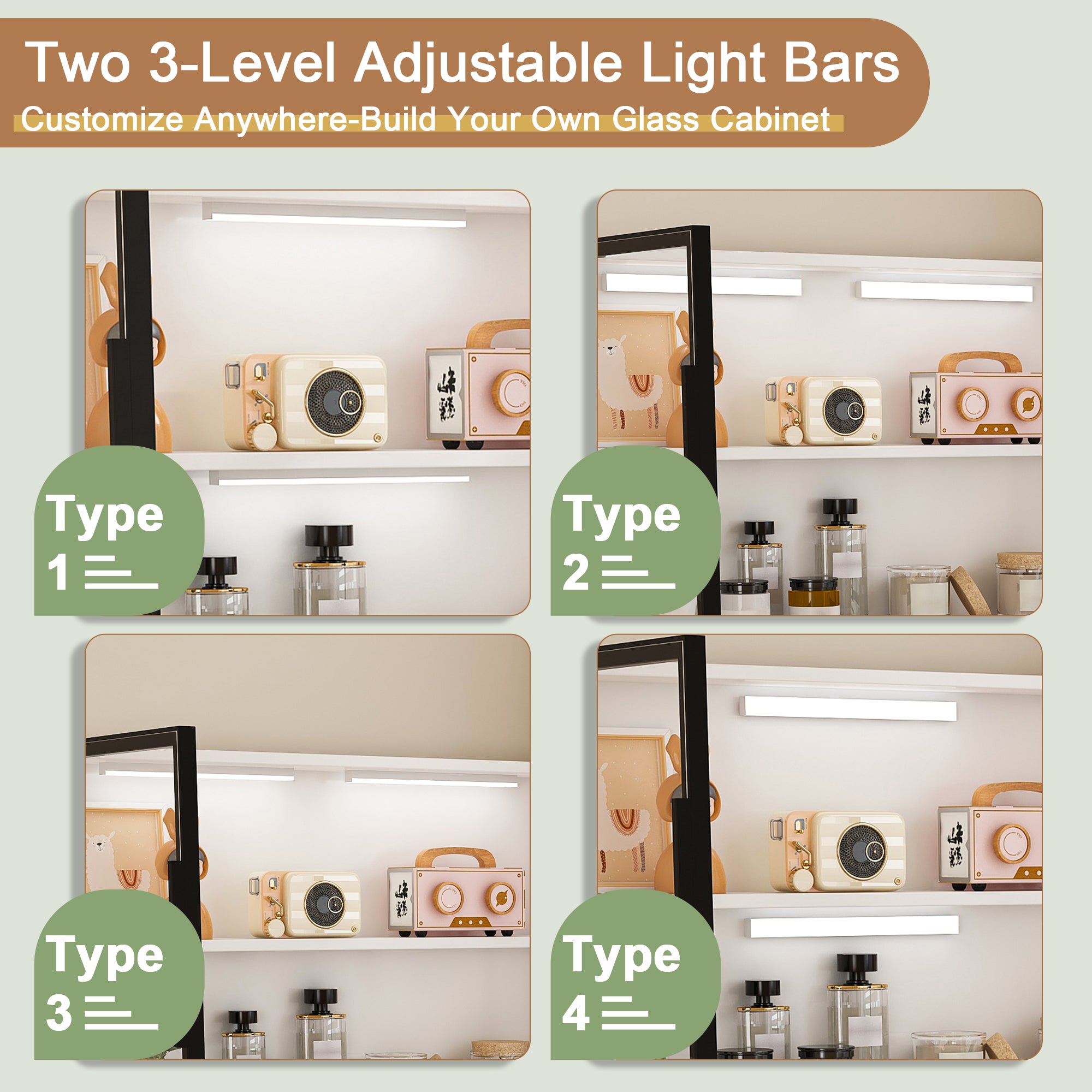 White L-Shaped Computer Desk with Glass Cabinets, Built-In LED Lights, USB Charging Ports