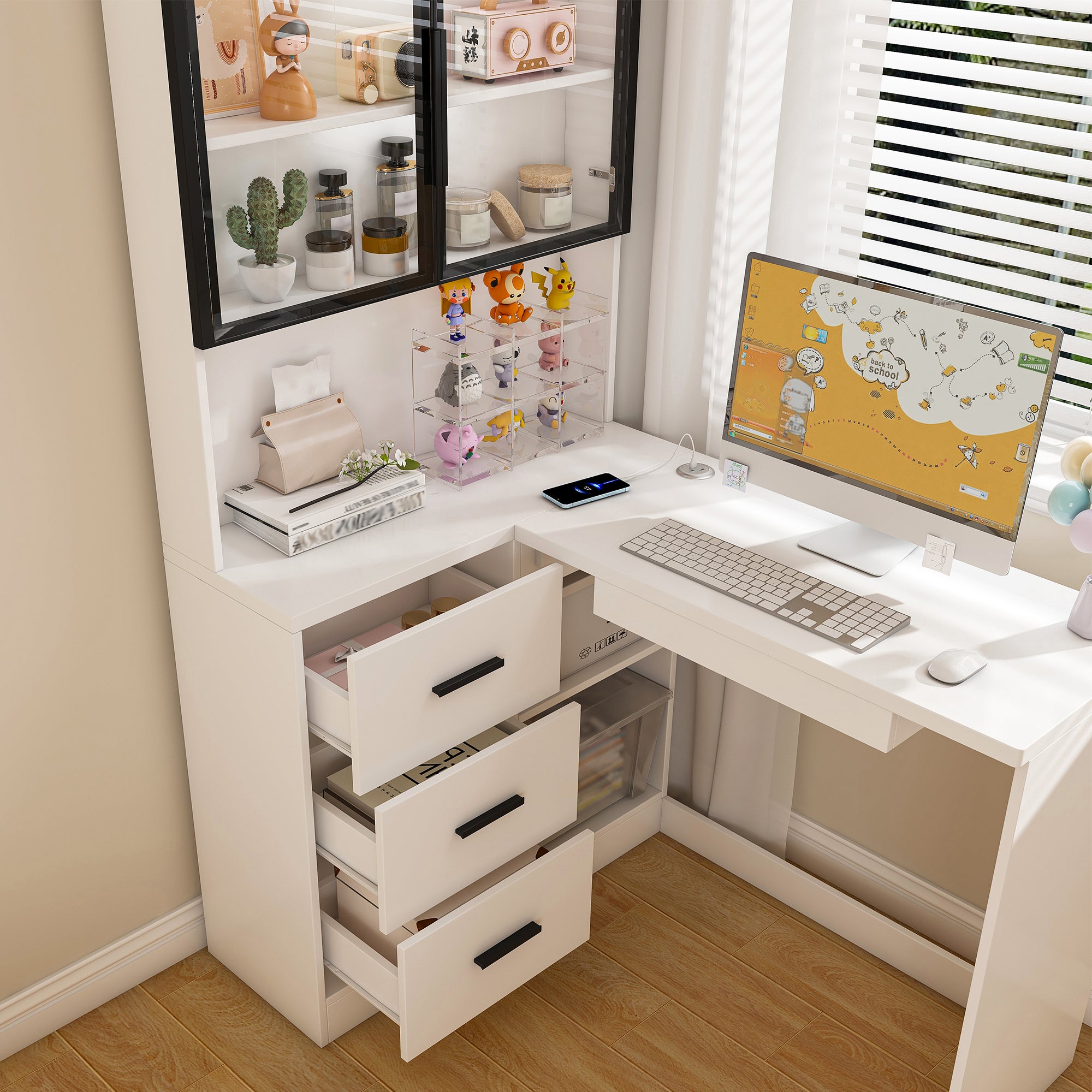White L-Shaped Computer Desk with Glass Cabinets, Built-In LED Lights, USB Charging Ports