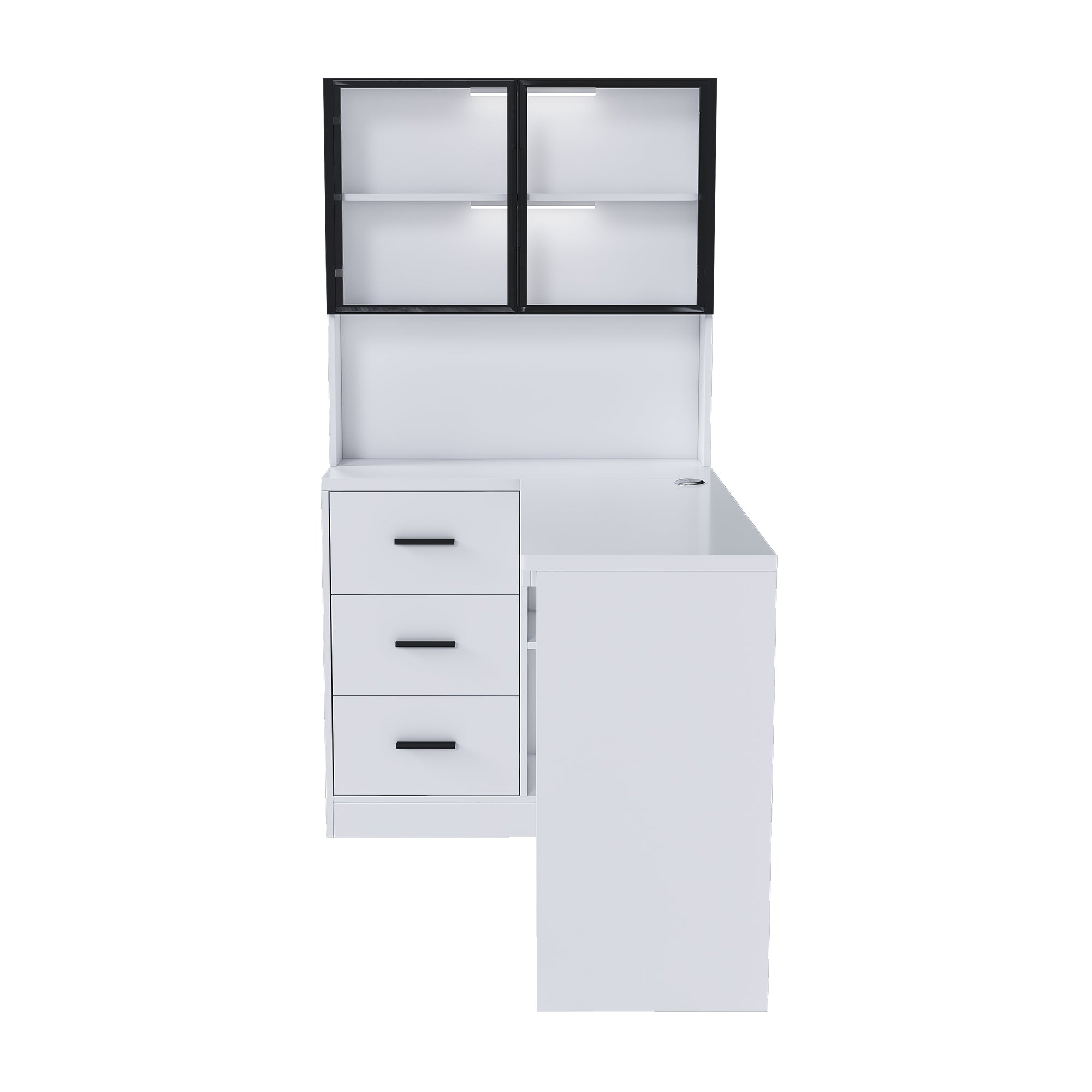 White L-Shaped Computer Desk with Glass Cabinets, Built-In LED Lights, USB Charging Ports