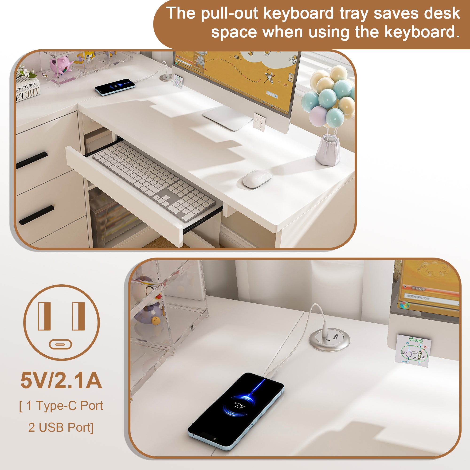 White L-Shaped Computer Desk with Glass Cabinets, Built-In LED Lights, USB Charging Ports