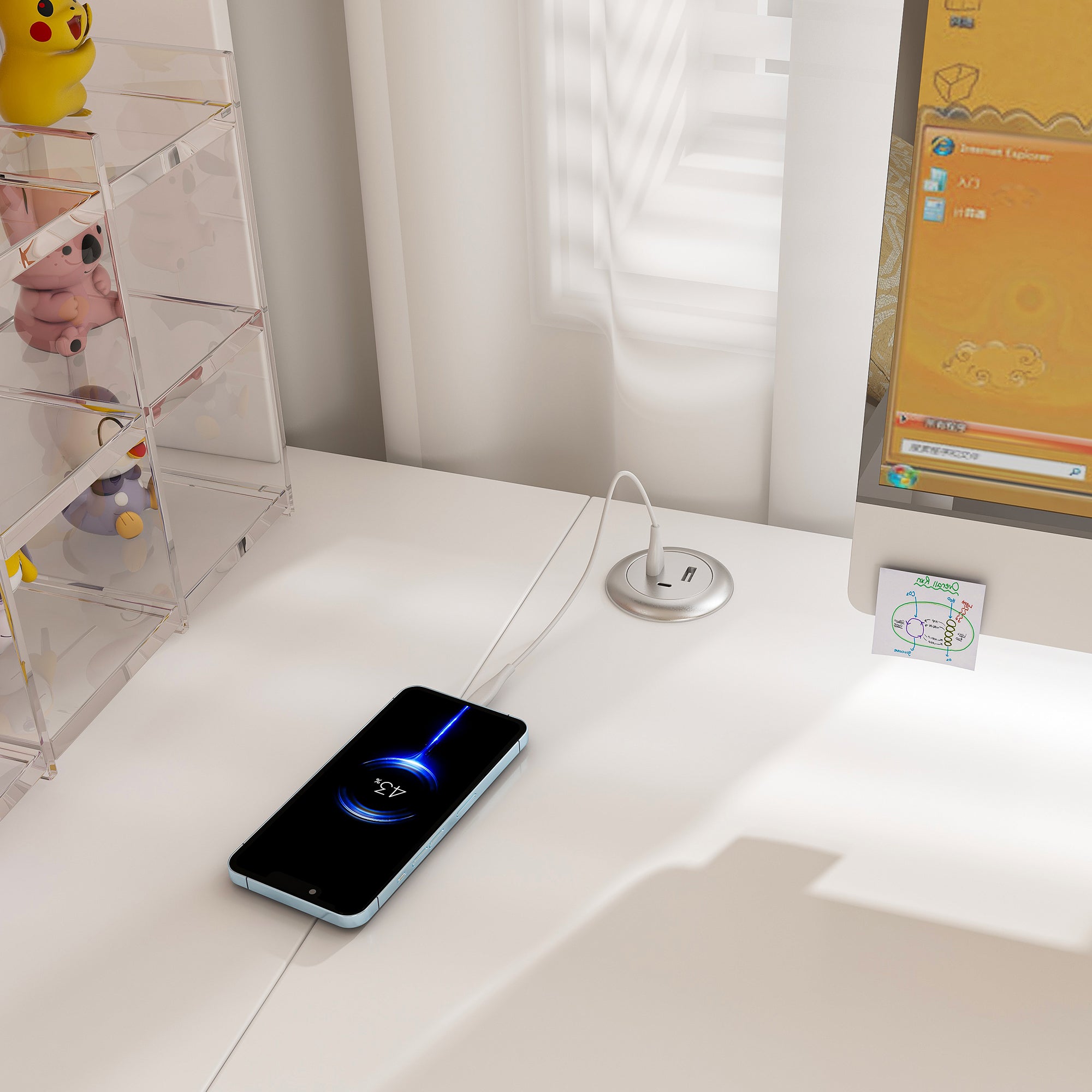 White L-Shaped Computer Desk with Glass Cabinets, Built-In LED Lights, USB Charging Ports