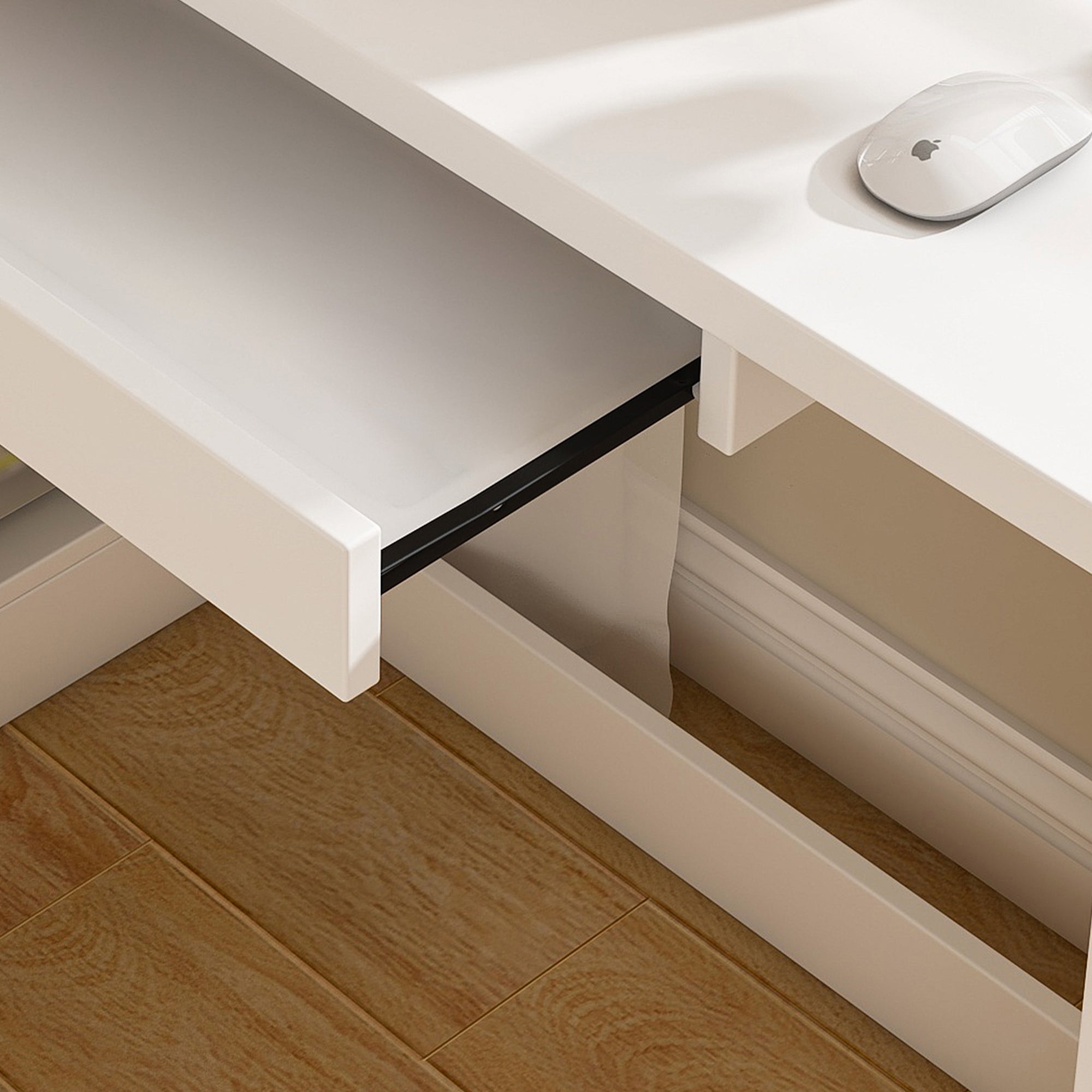 White L-Shaped Computer Desk with Glass Cabinets, Built-In LED Lights, USB Charging Ports