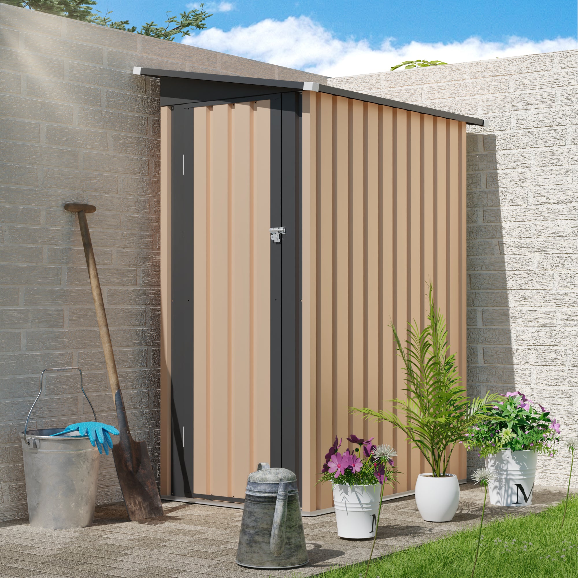 4.27 FT x2.42 FT Metal Garden Shed 5 X 3 FT Pent Roof with Side Hinge Door