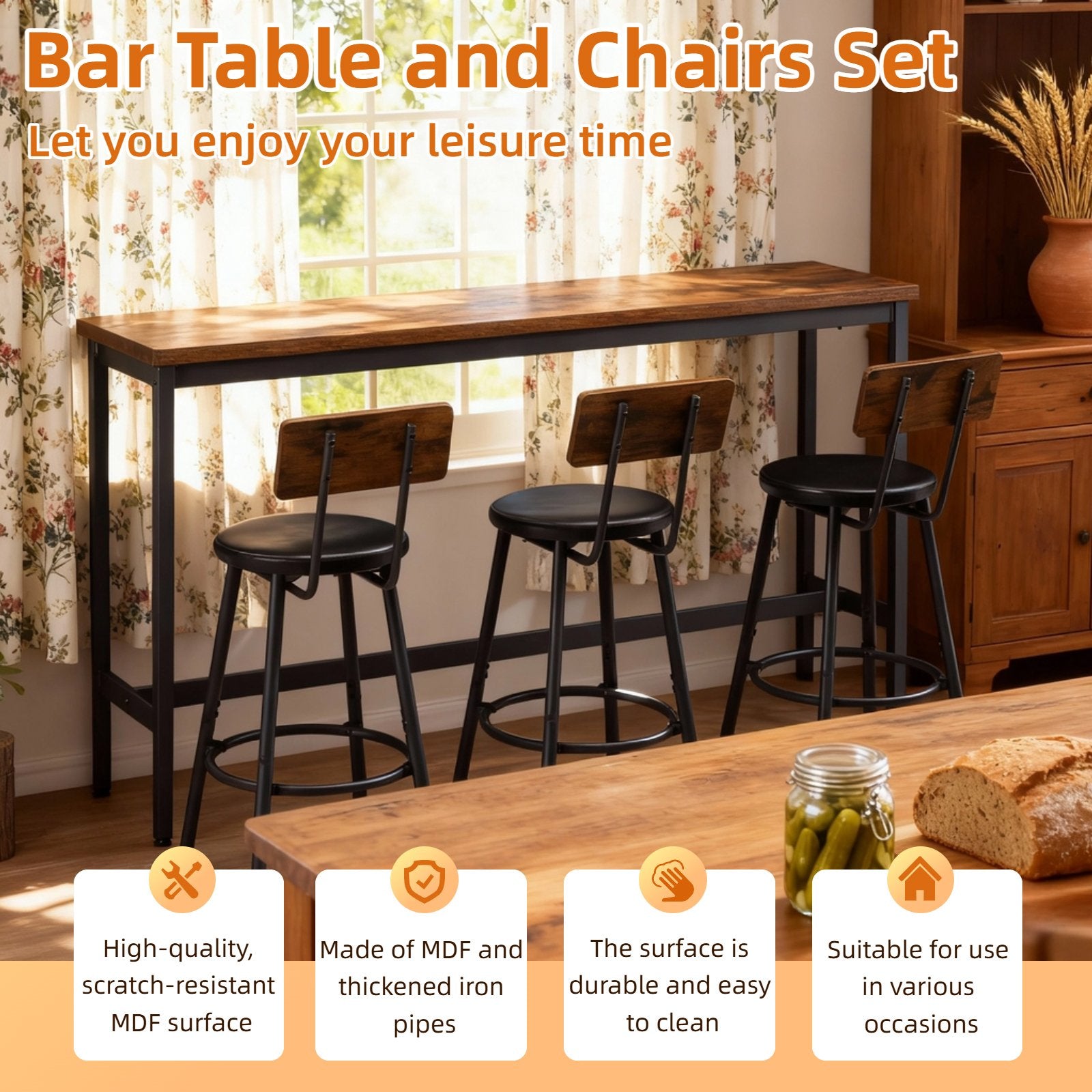 Bar Table and Chairs Set for 3, 4 Piece Industrial Dining Table Set with 3 PU Upholstered Bar Stools, Bar Table Set, Small Space Corner