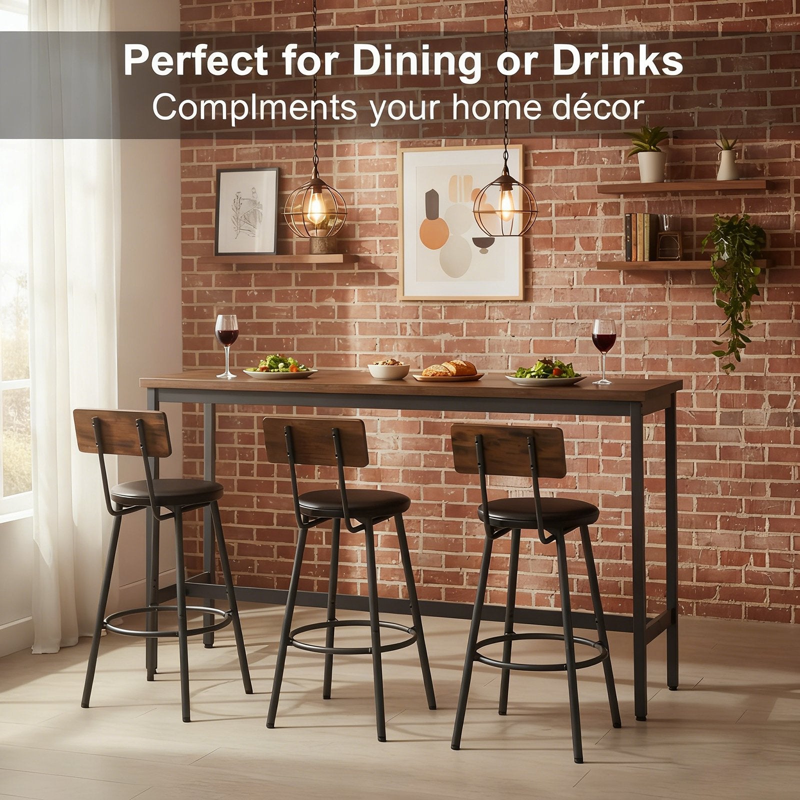 Bar Table and Chairs Set for 3, 4 Piece Industrial Dining Table Set with 3 PU Upholstered Bar Stools, Bar Table Set, Small Space Corner