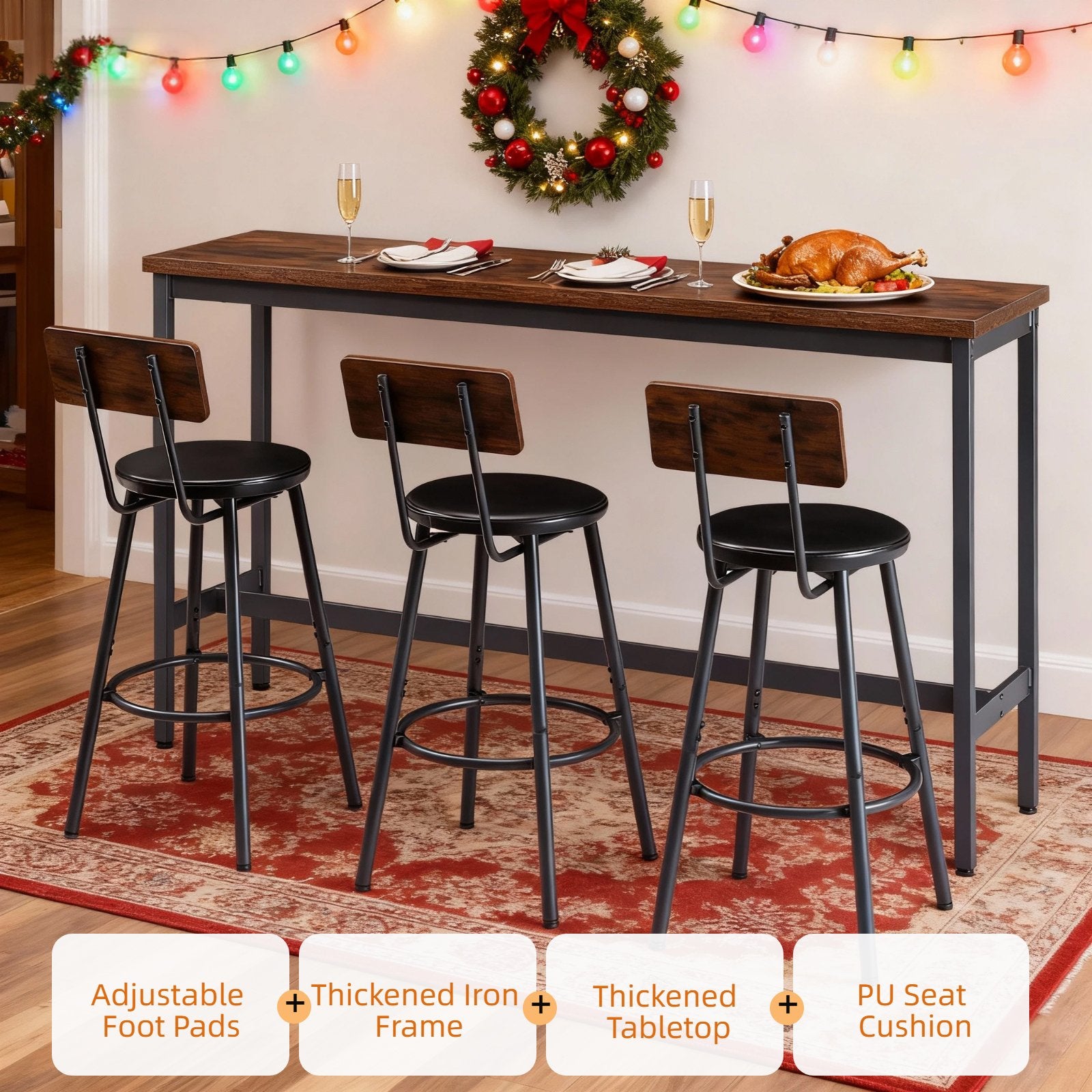 Bar Table and Chairs Set for 3, 4 Piece Industrial Dining Table Set with 3 PU Upholstered Bar Stools, Bar Table Set, Small Space Corner