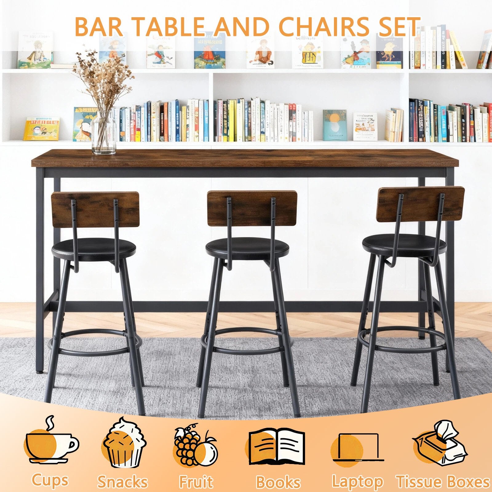 Bar Table and Chairs Set for 3, 4 Piece Industrial Dining Table Set with 3 PU Upholstered Bar Stools, Bar Table Set, Small Space Corner
