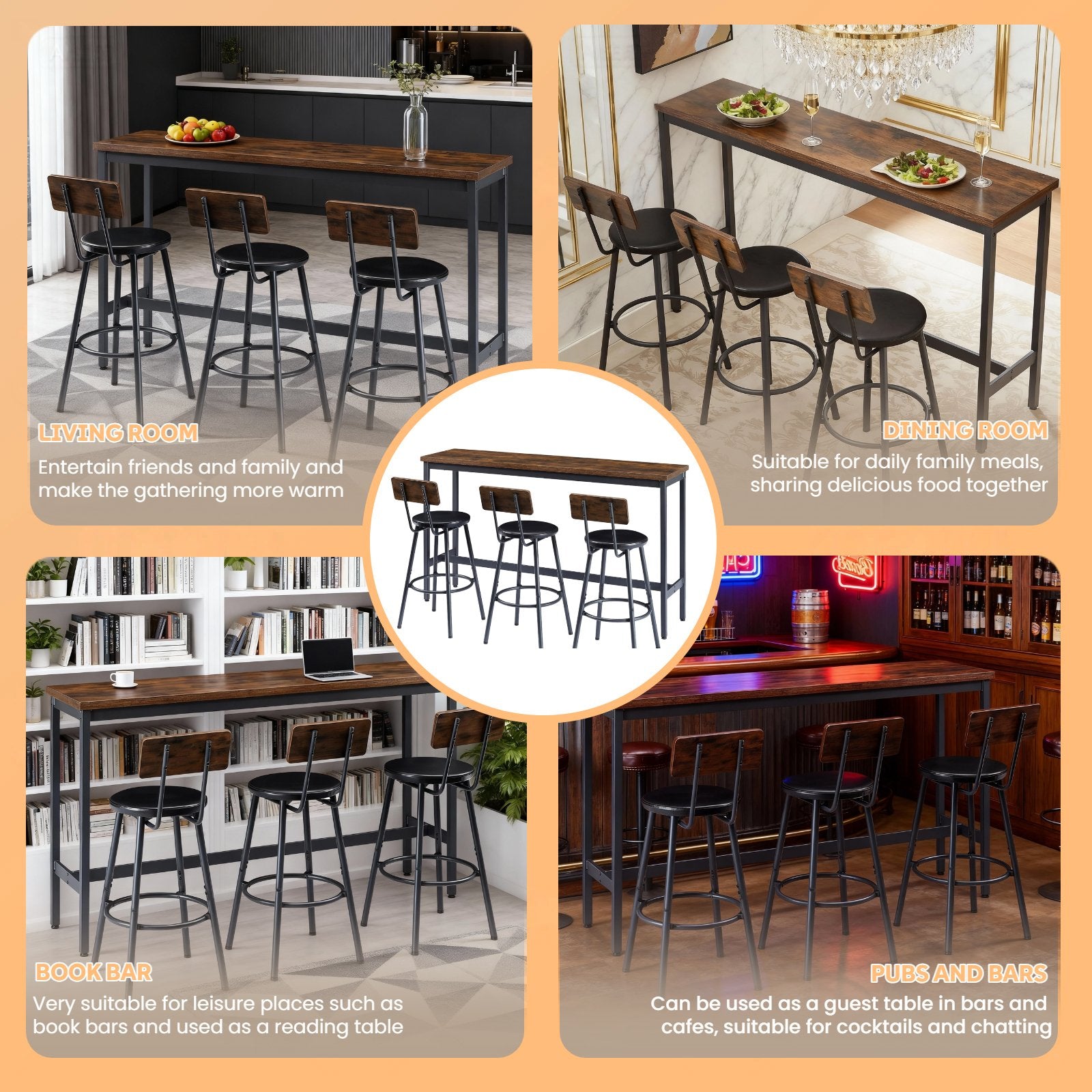 Bar Table and Chairs Set for 3, 4 Piece Industrial Dining Table Set with 3 PU Upholstered Bar Stools, Bar Table Set, Small Space Corner