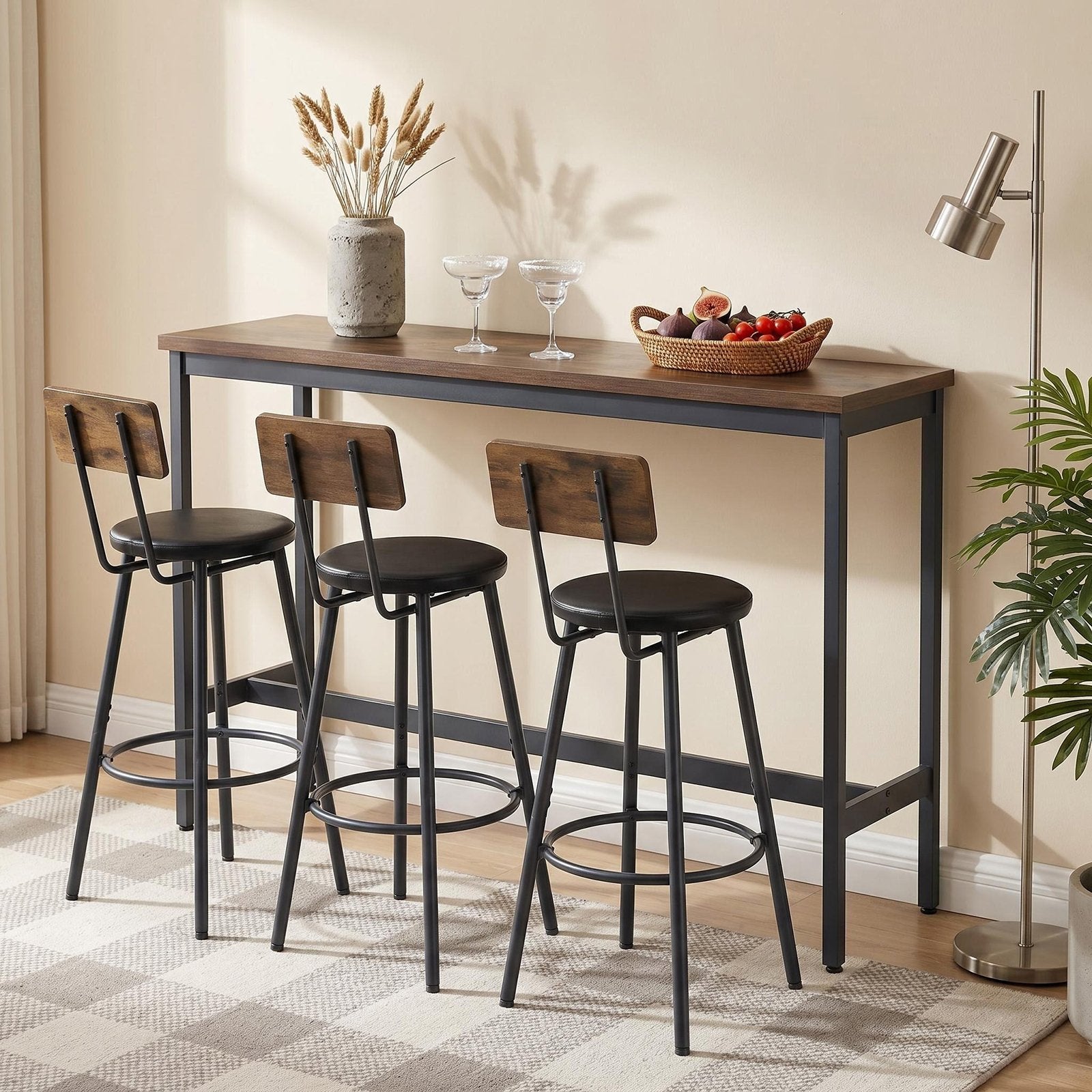 Bar Table and Chairs Set for 3, 4 Piece Industrial Dining Table Set with 3 PU Upholstered Bar Stools, Bar Table Set, Small Space Corner