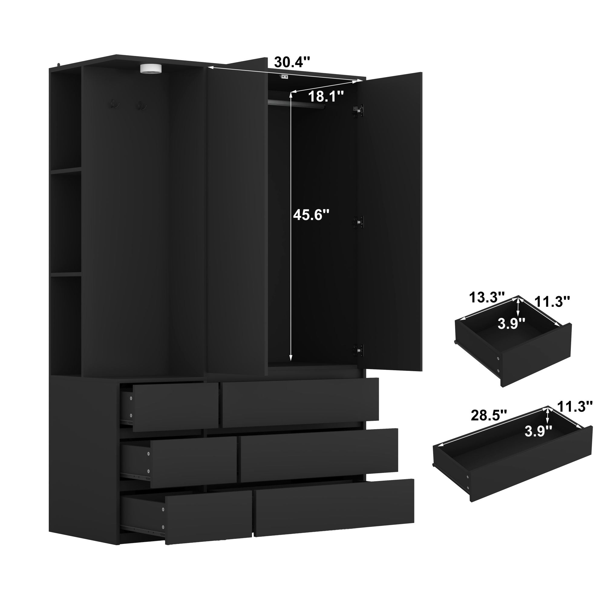 Wardrobe Closet 71.7" H, Bedroom Wooden Wardrobe with 2 Doors 6 Drawers – Black