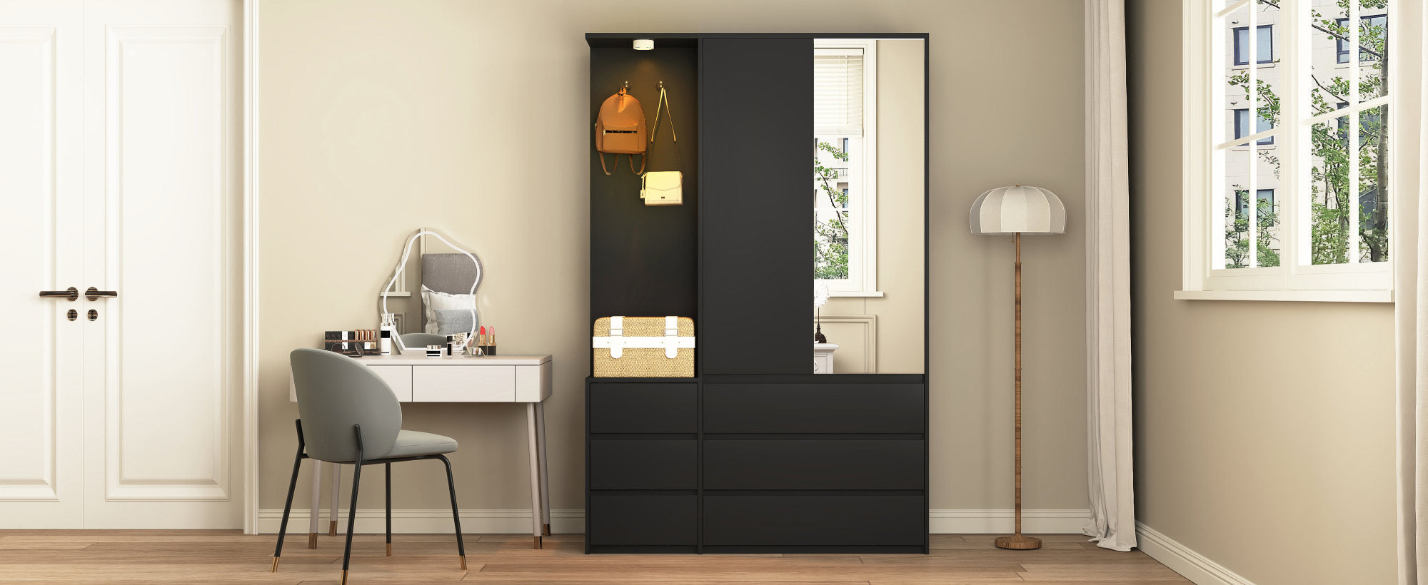 Wardrobe Closet 71.7" H, Bedroom Wooden Wardrobe with 2 Doors 6 Drawers – Black