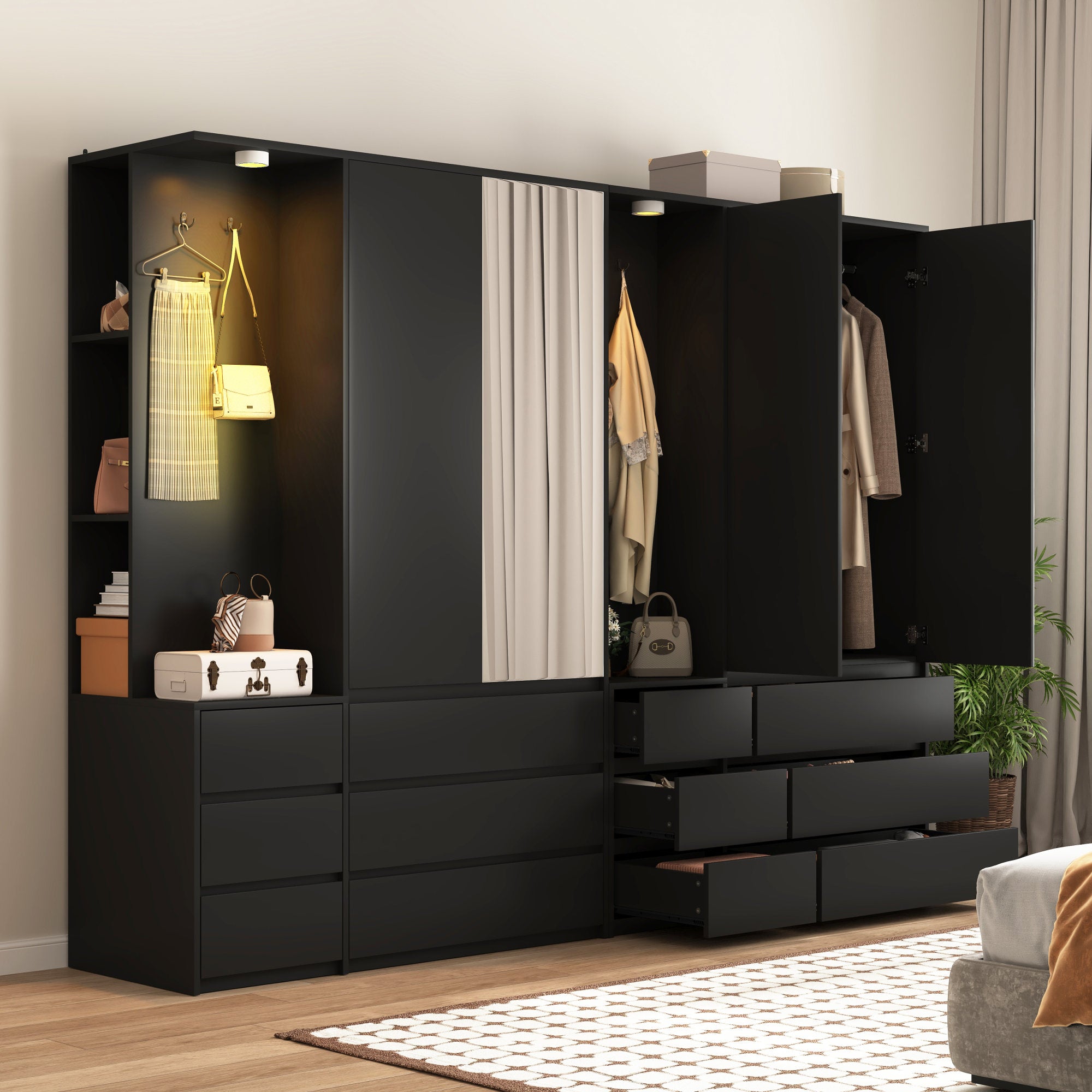 Wardrobe Closet 71.7" H, Bedroom Wooden Wardrobe with 2 Doors 6 Drawers – Black