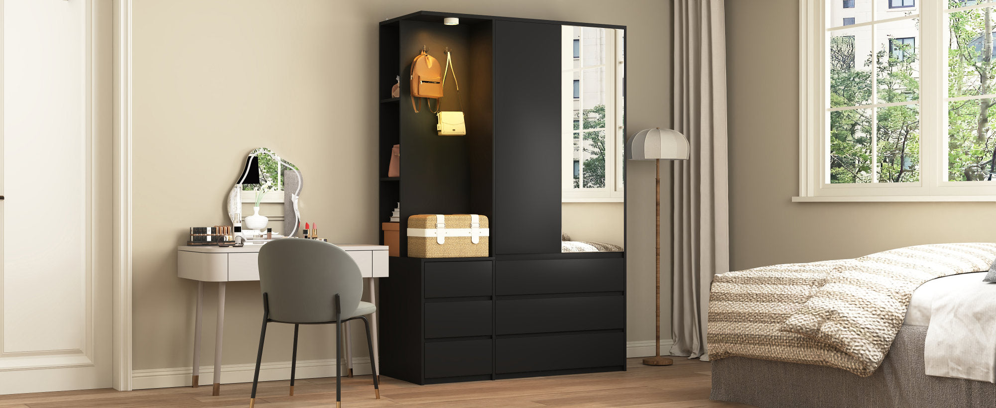 Wardrobe Closet 71.7" H, Bedroom Wooden Wardrobe with 2 Doors 6 Drawers – Black