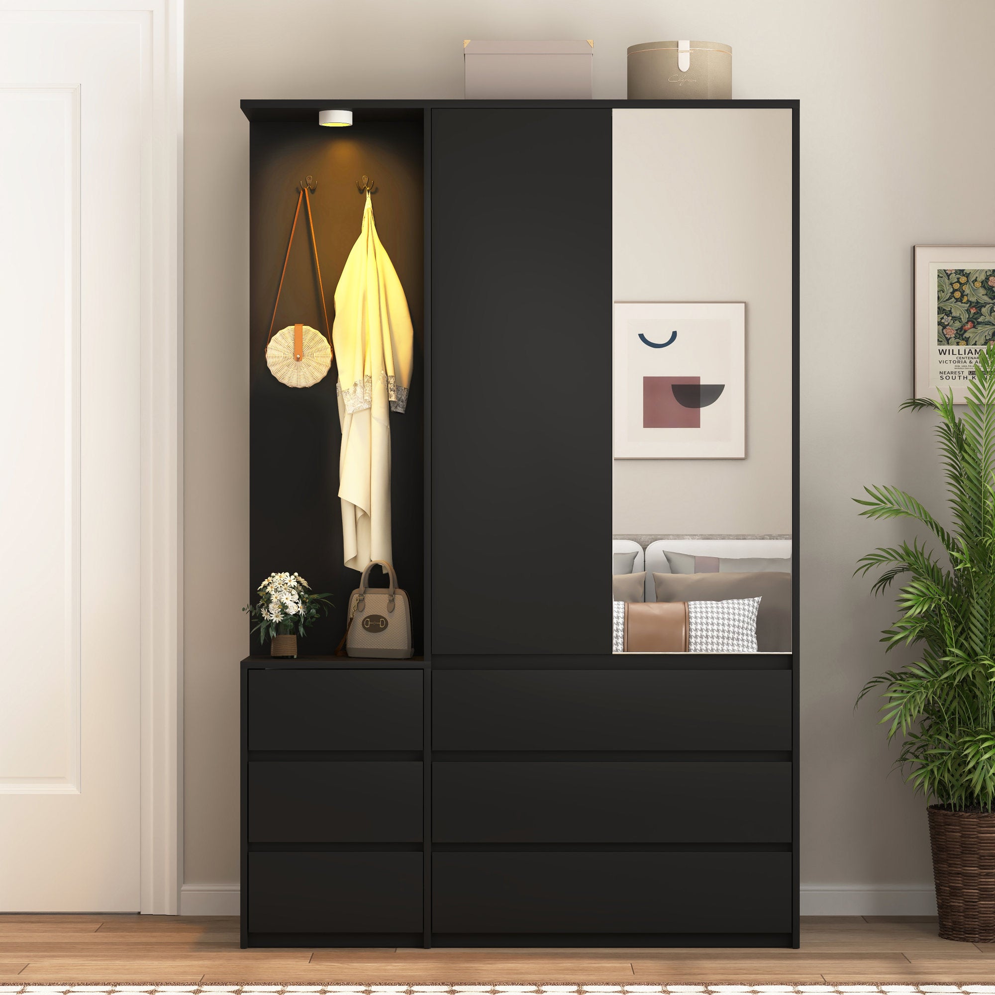 Wardrobe Closet 71.7" H, Bedroom Wooden Wardrobe with 2 Doors 6 Drawers – Black