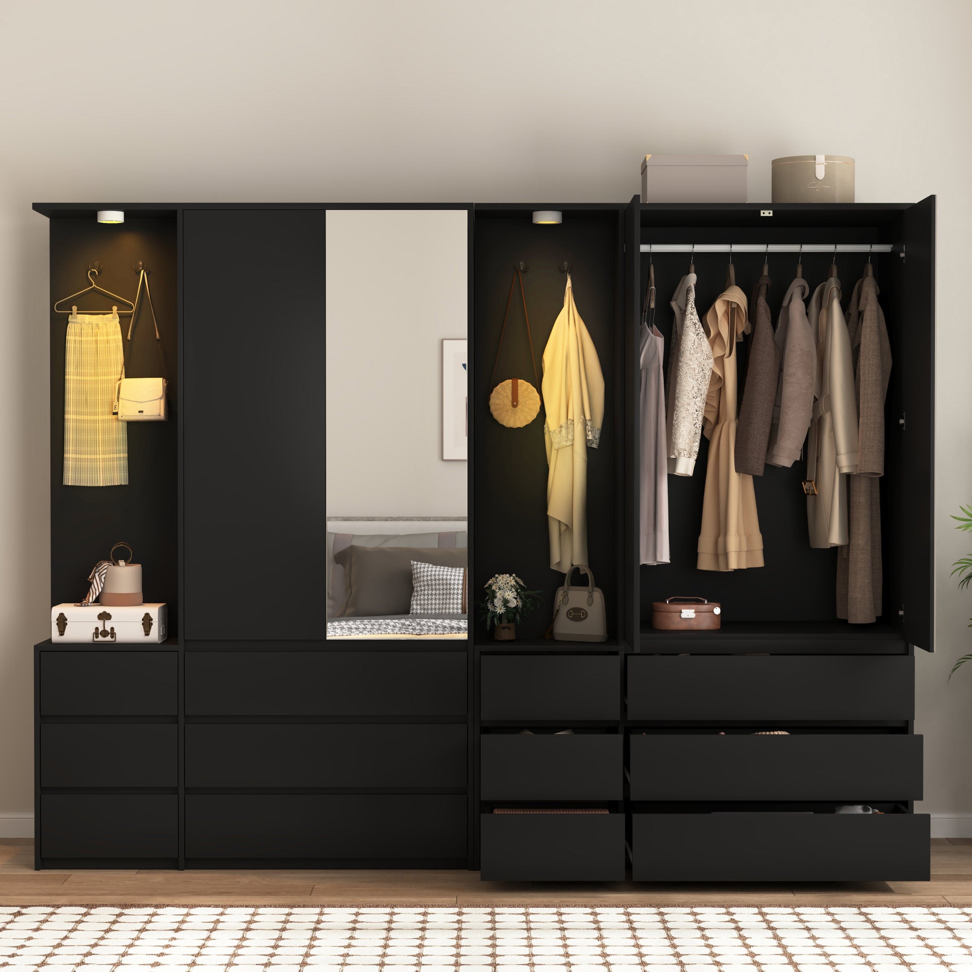 Wardrobe Closet 71.7" H, Bedroom Wooden Wardrobe with 2 Doors 6 Drawers – Black