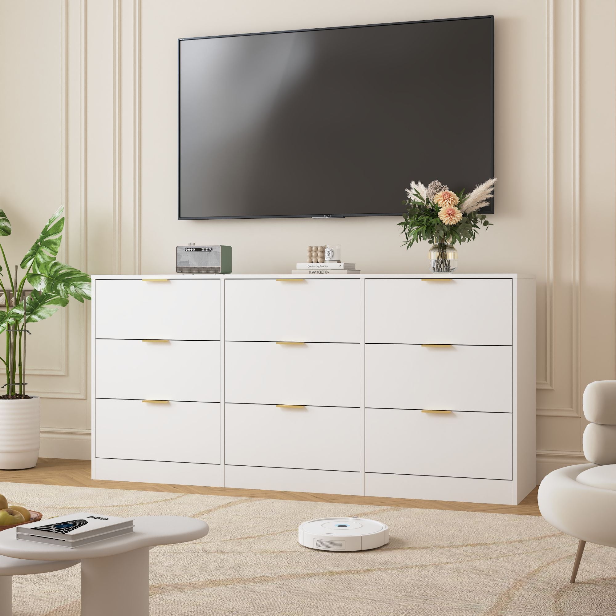 White 9 Drawer Dresser, 63" Large Deep Chest of Drawers, Wooden Dresser Storage Cabinet with 9 Drawers, Long Dressers – Model W409S00015