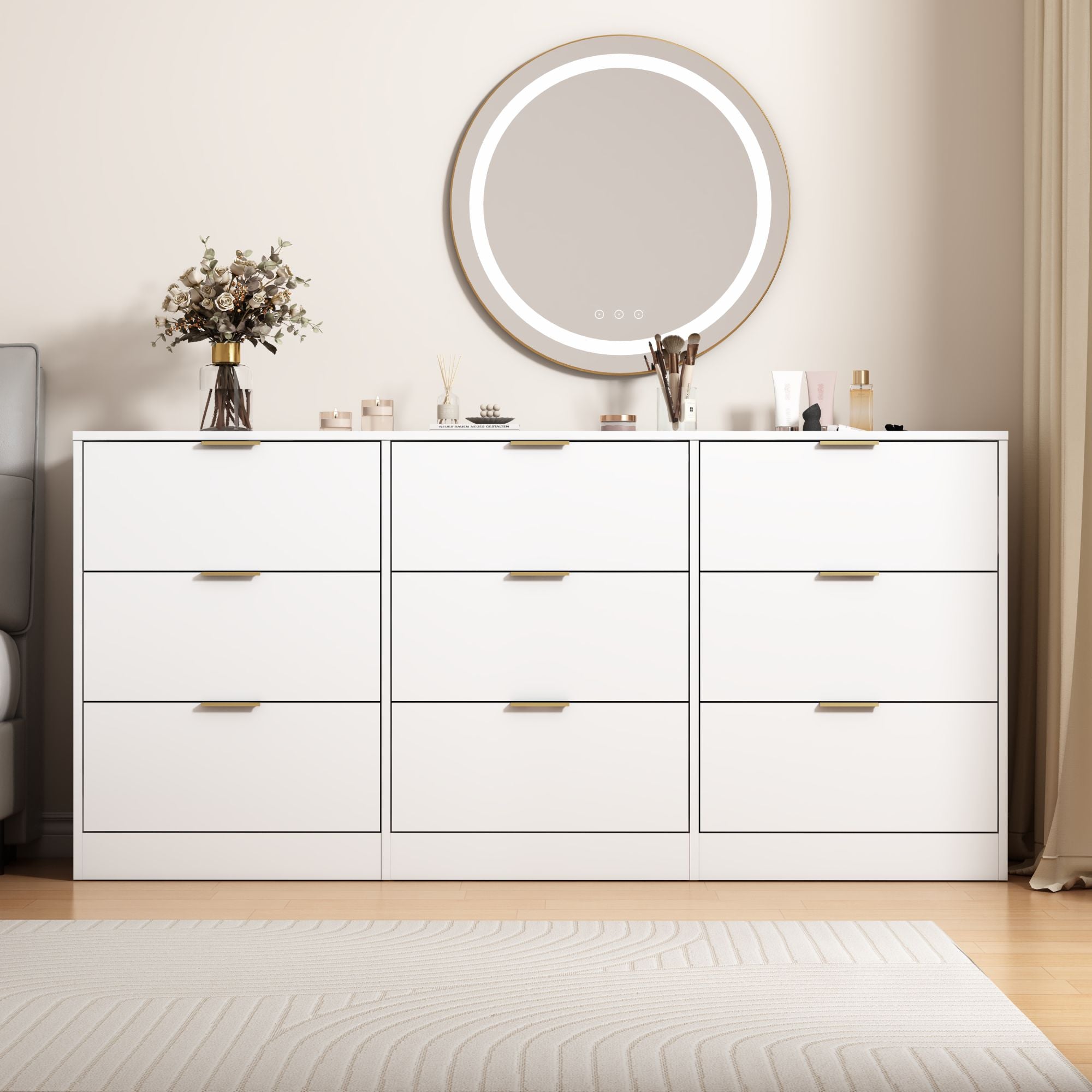 White 9 Drawer Dresser, 63" Large Deep Chest of Drawers, Wooden Dresser Storage Cabinet with 9 Drawers, Long Dressers – Model W409S00015