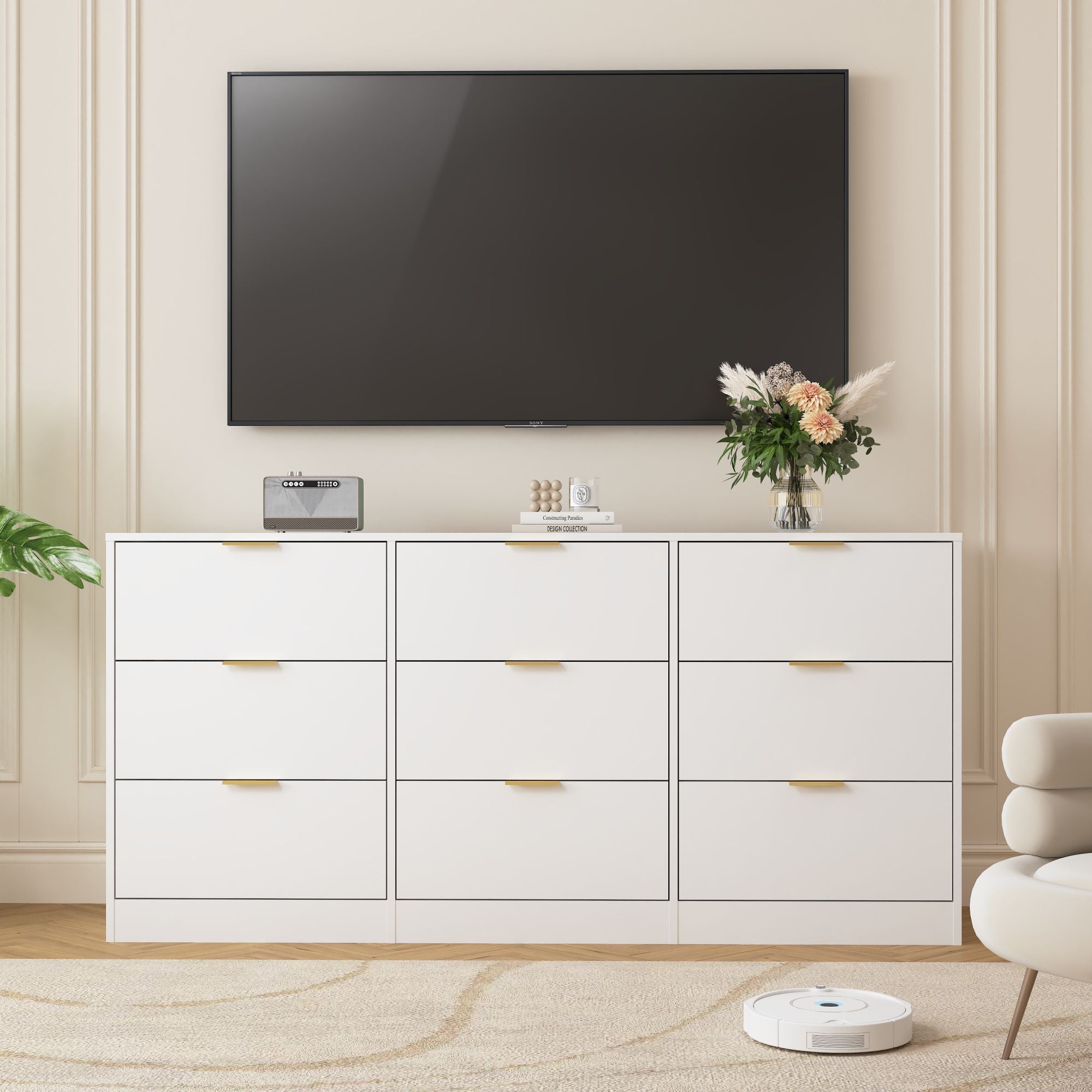 White 9 Drawer Dresser, 63" Large Deep Chest of Drawers, Wooden Dresser Storage Cabinet with 9 Drawers, Long Dressers – Model W409S00015