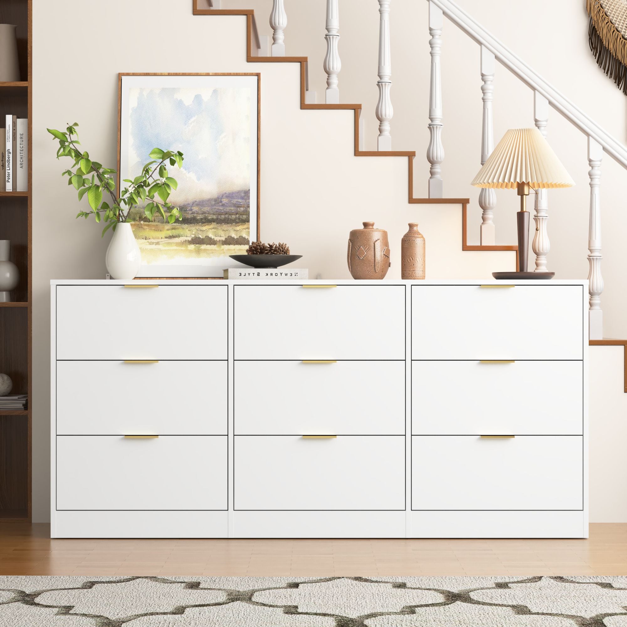 White 9 Drawer Dresser, 63" Large Deep Chest of Drawers, Wooden Dresser Storage Cabinet with 9 Drawers, Long Dressers – Model W409S00015
