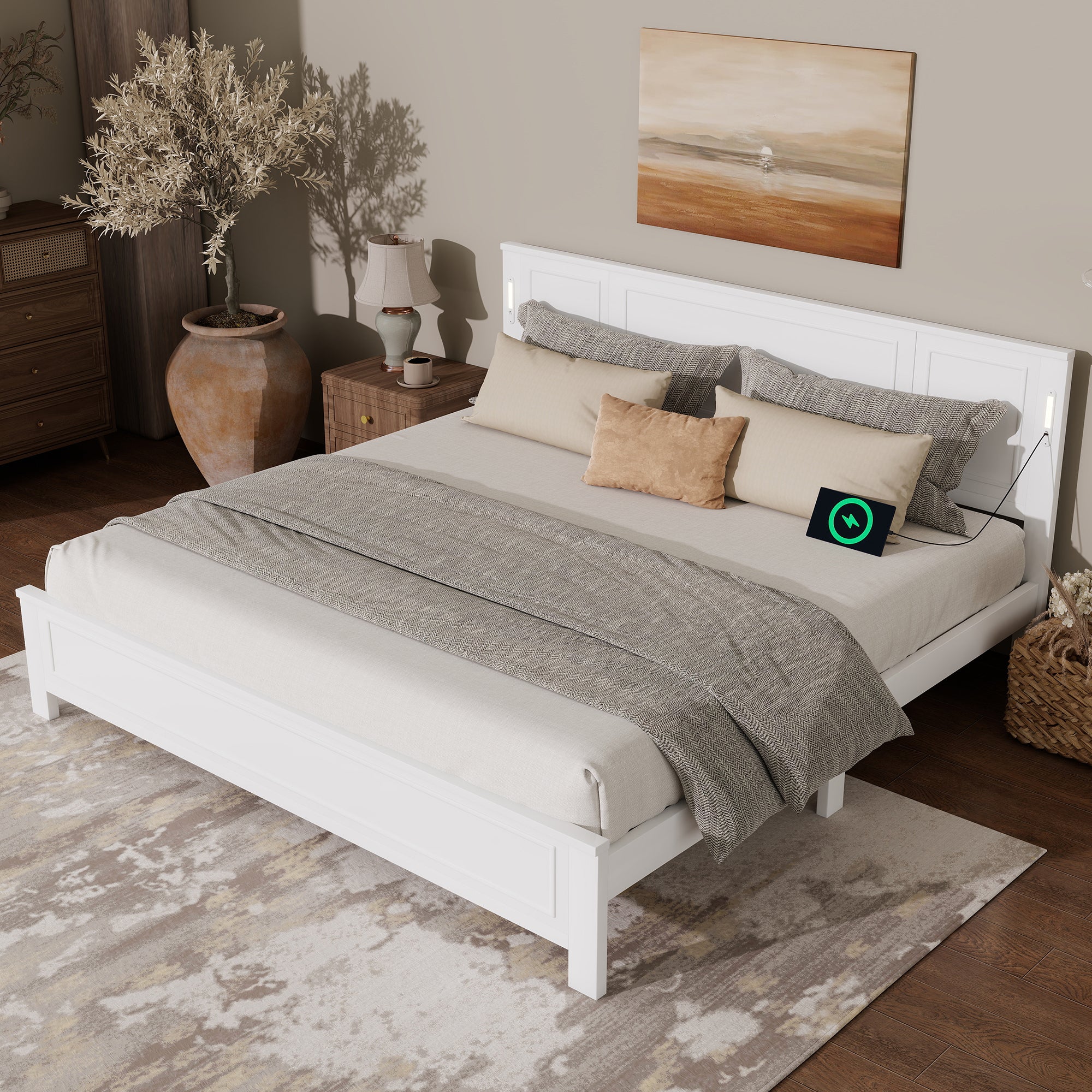King Size Bed with Tall-Panel Headboard & Footboard, Built-in LED Lights, USB Charging Station, Pinewood Bed with Strengthened Bed Frame