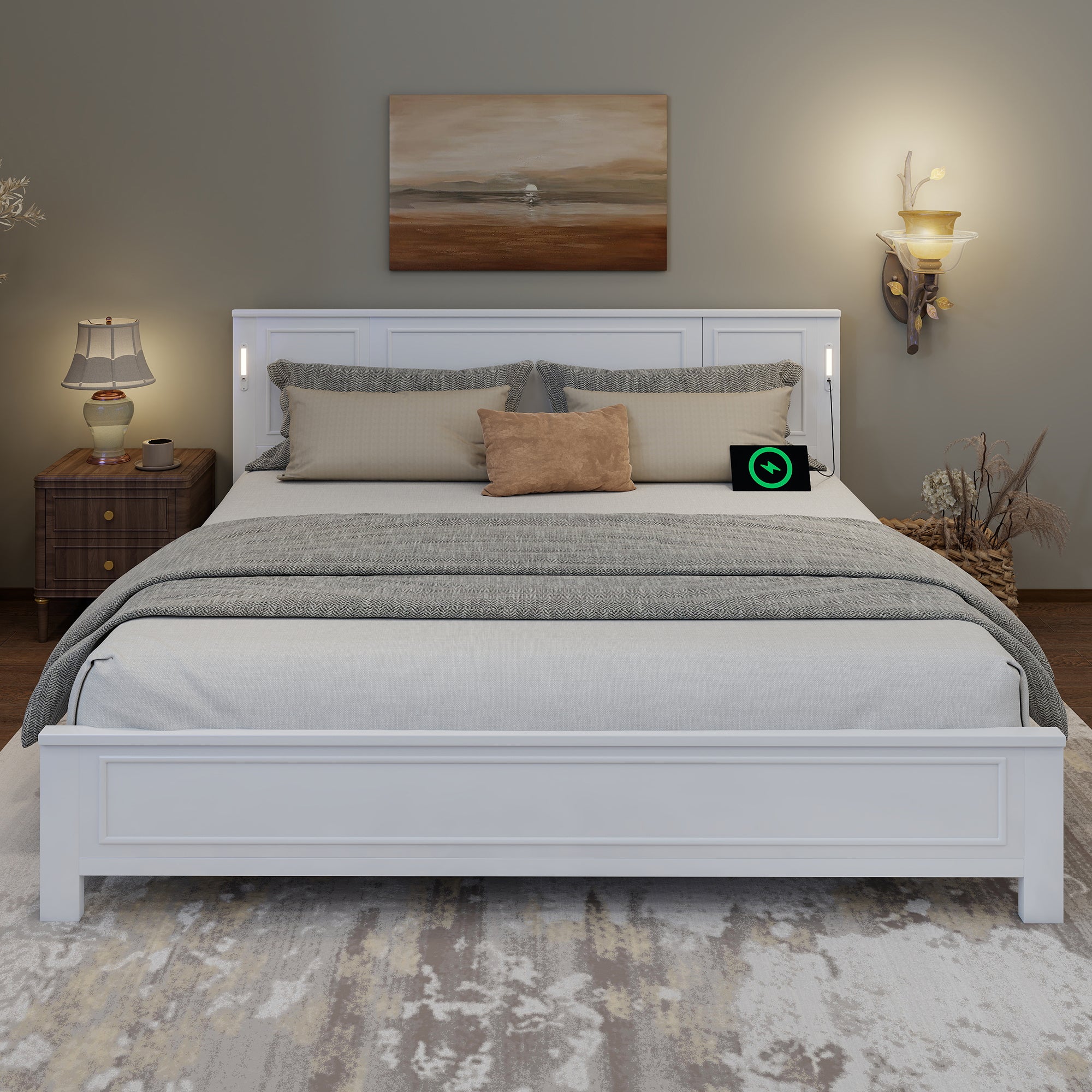 King Size Bed with Tall-Panel Headboard & Footboard, Built-in LED Lights, USB Charging Station, Pinewood Bed with Strengthened Bed Frame