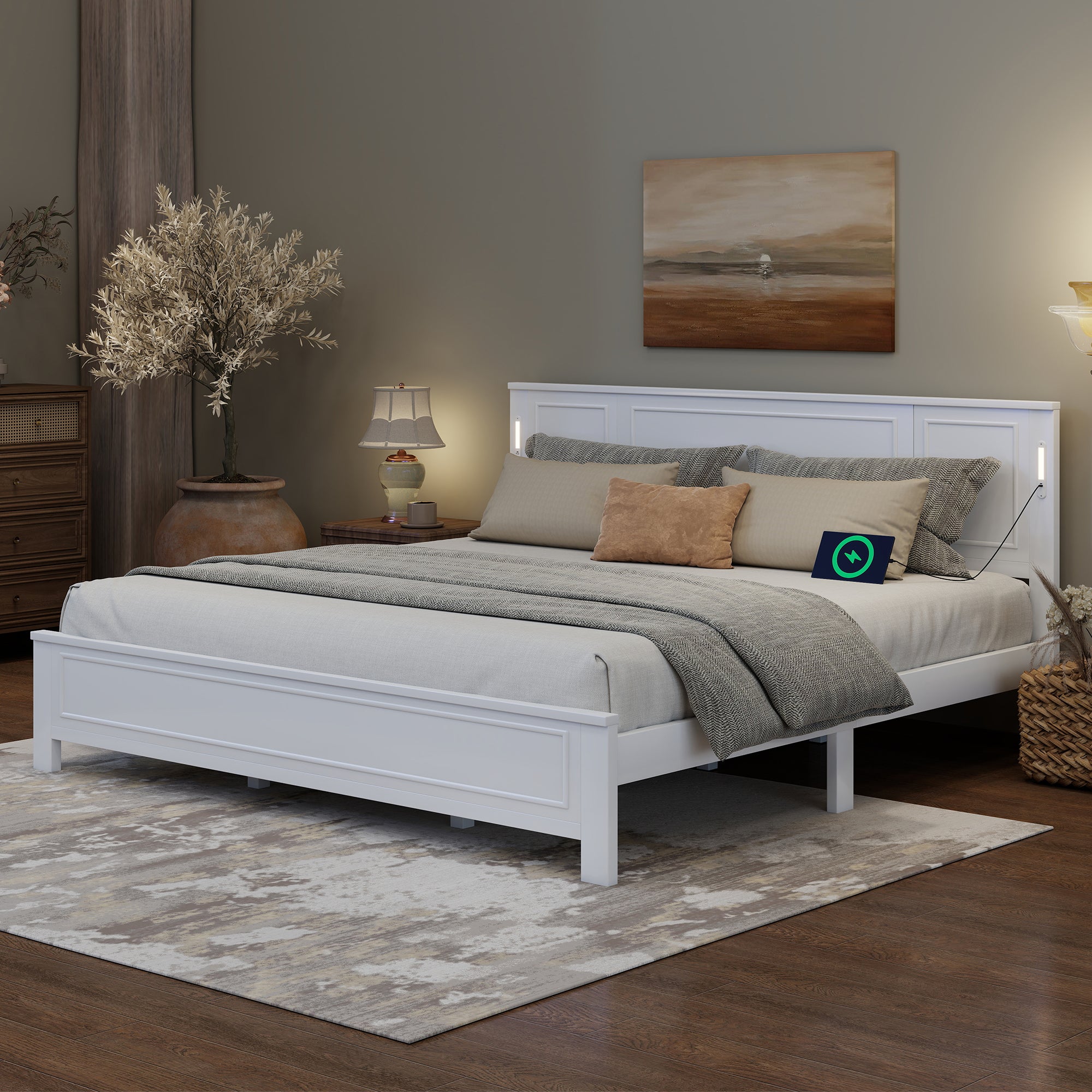 King Size Bed with Tall-Panel Headboard & Footboard, Built-in LED Lights, USB Charging Station, Pinewood Bed with Strengthened Bed Frame