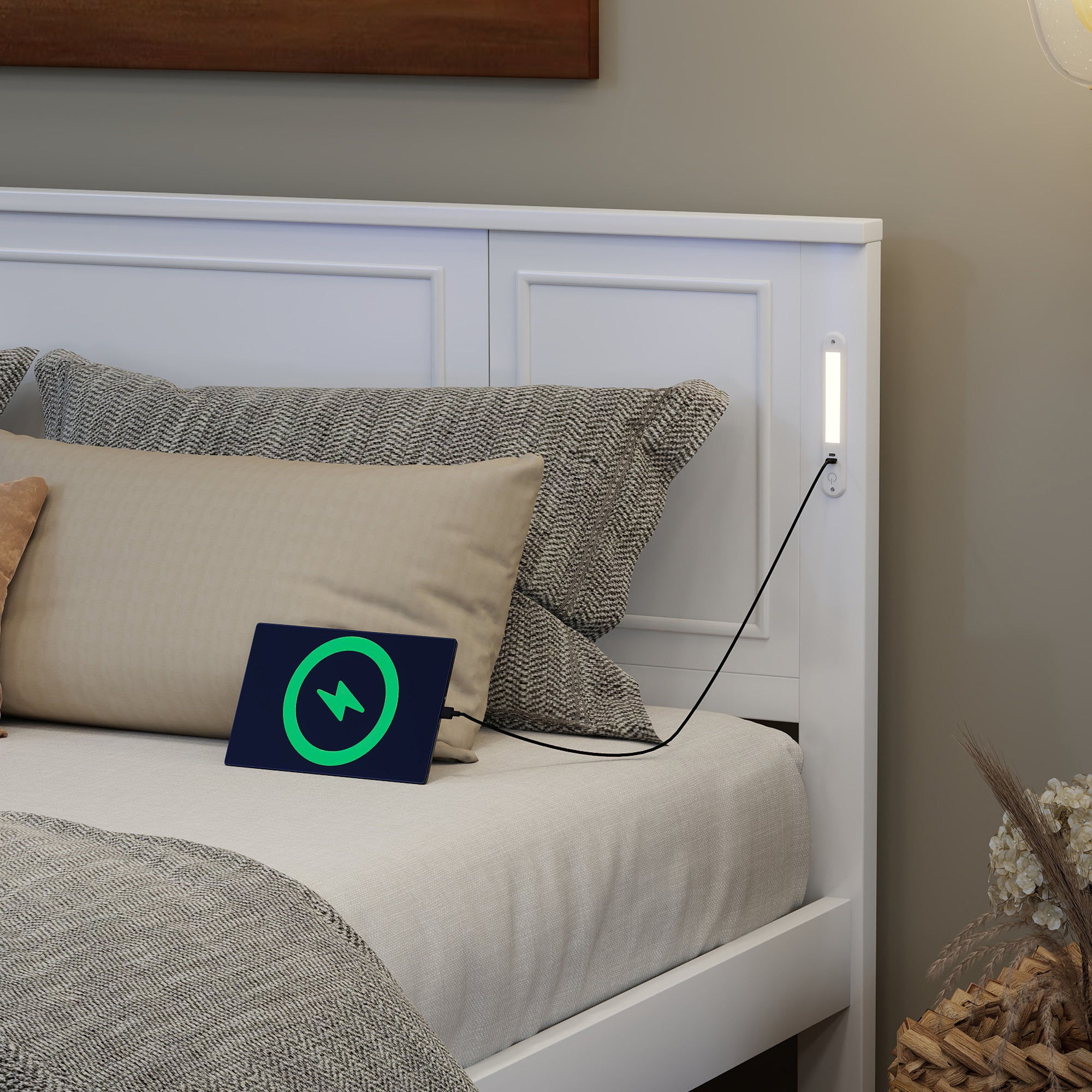 King Size Bed with Tall-Panel Headboard & Footboard, Built-in LED Lights, USB Charging Station, Pinewood Bed with Strengthened Bed Frame
