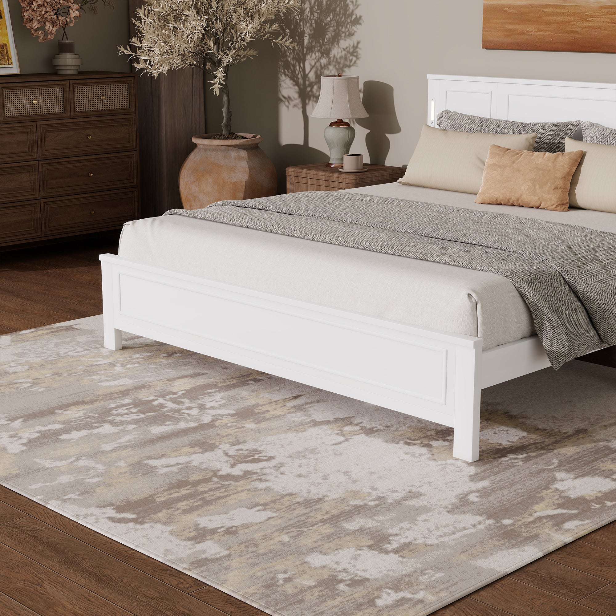 King Size Bed with Tall-Panel Headboard & Footboard, Built-in LED Lights, USB Charging Station, Pinewood Bed with Strengthened Bed Frame