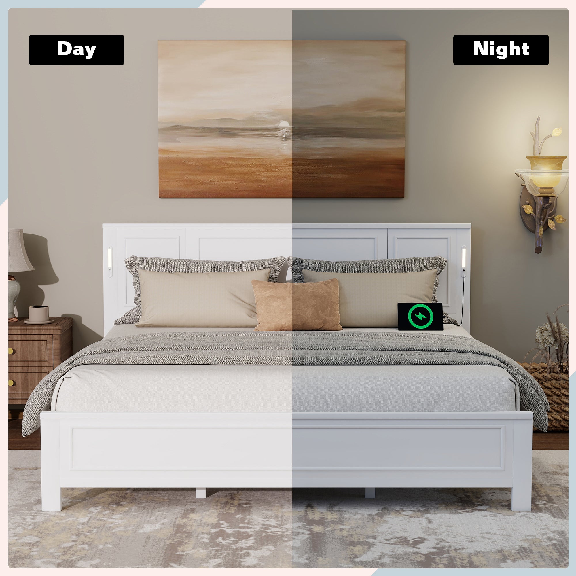 King Size Bed with Tall-Panel Headboard & Footboard, Built-in LED Lights, USB Charging Station, Pinewood Bed with Strengthened Bed Frame