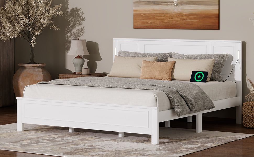 King Size Bed with Tall-Panel Headboard & Footboard, Built-in LED Lights, USB Charging Station, Pinewood Bed with Strengthened Bed Frame