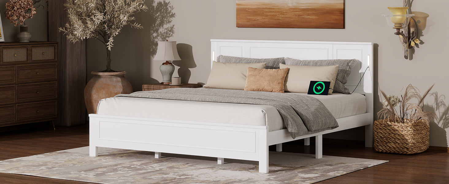 King Size Bed with Tall-Panel Headboard & Footboard, Built-in LED Lights, USB Charging Station, Pinewood Bed with Strengthened Bed Frame