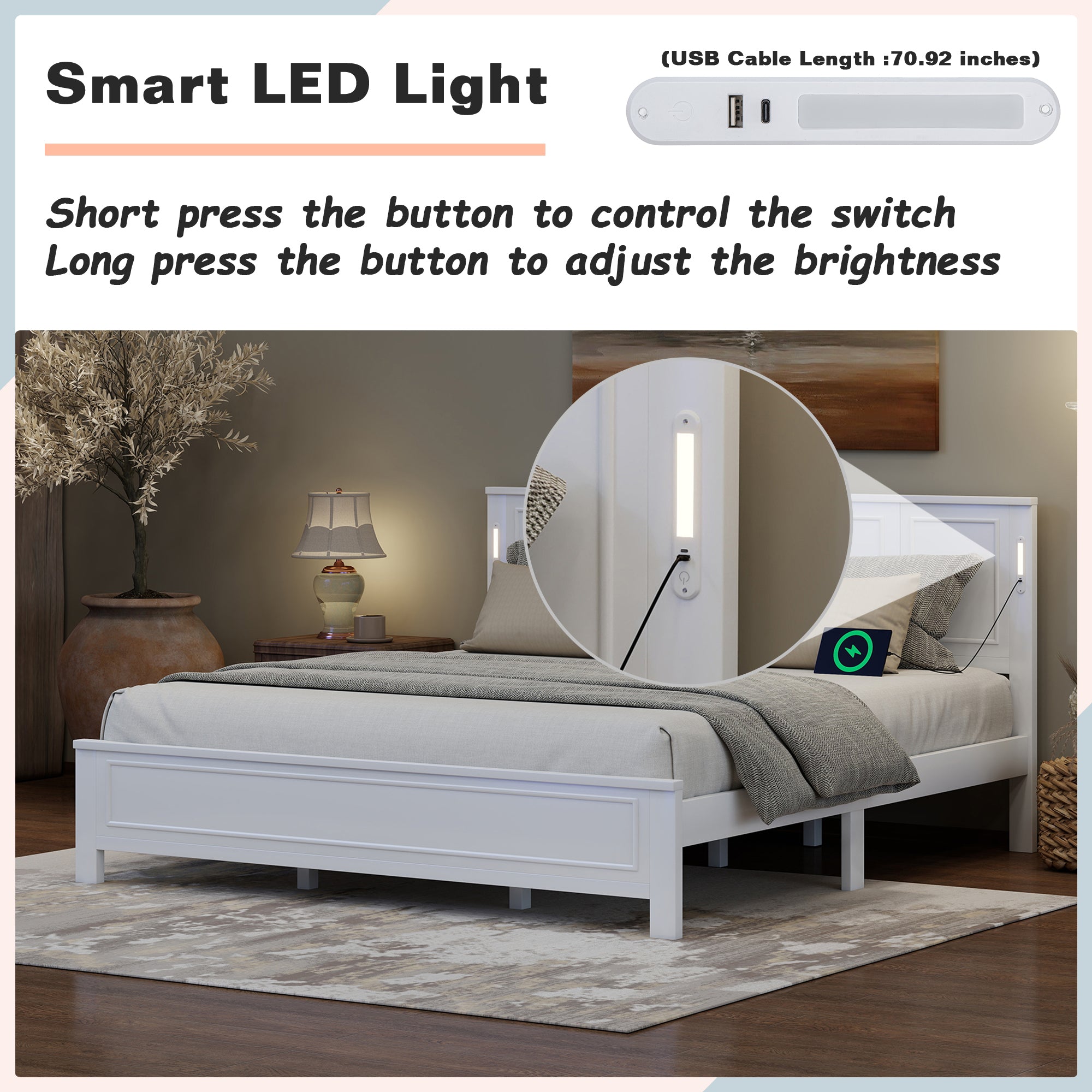 King Size Bed with Tall-Panel Headboard & Footboard, Built-in LED Lights, USB Charging Station, Pinewood Bed with Strengthened Bed Frame