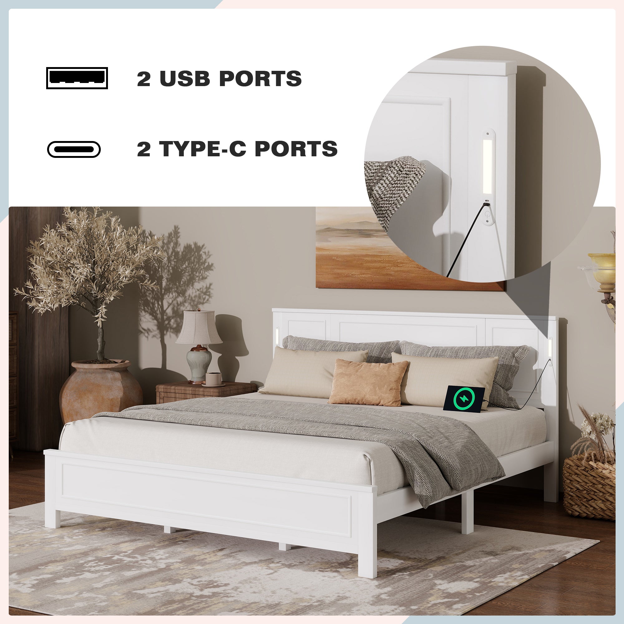 King Size Bed with Tall-Panel Headboard & Footboard, Built-in LED Lights, USB Charging Station, Pinewood Bed with Strengthened Bed Frame