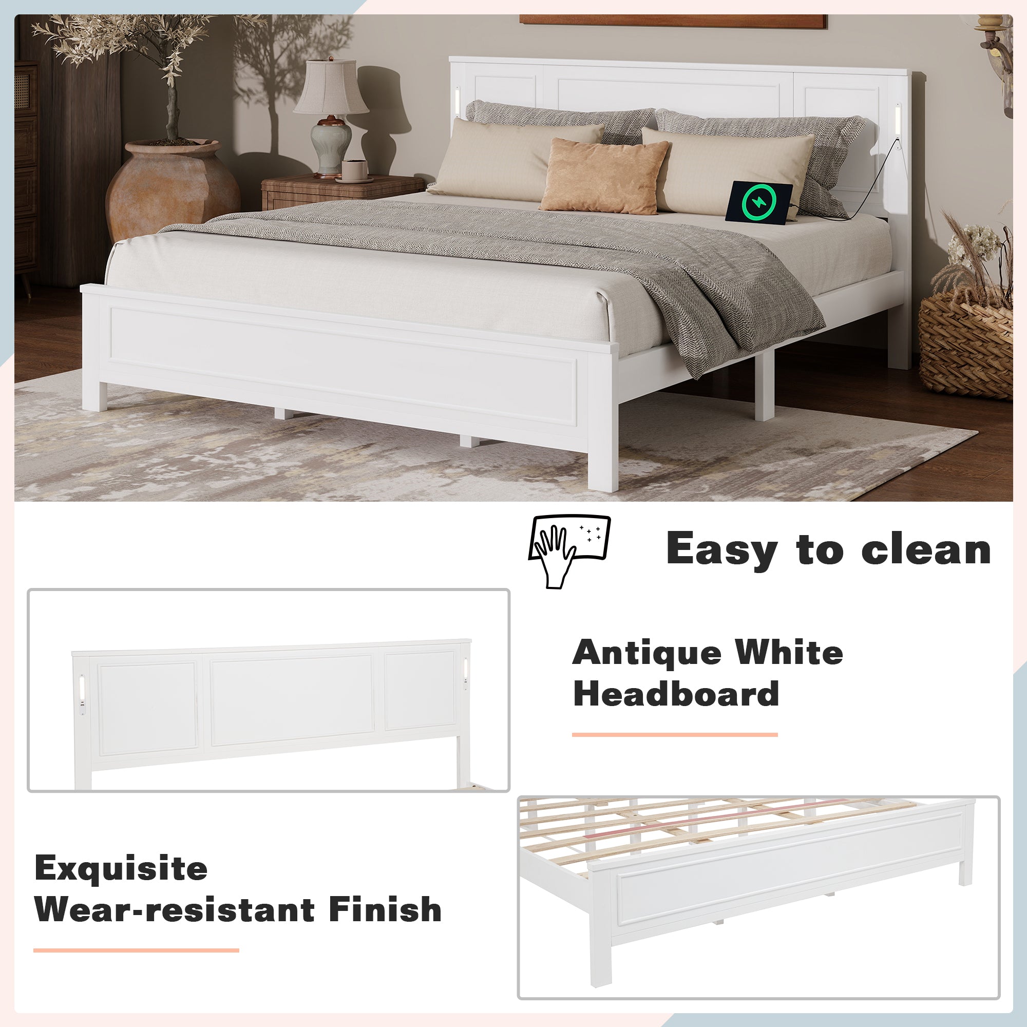 King Size Bed with Tall-Panel Headboard & Footboard, Built-in LED Lights, USB Charging Station, Pinewood Bed with Strengthened Bed Frame