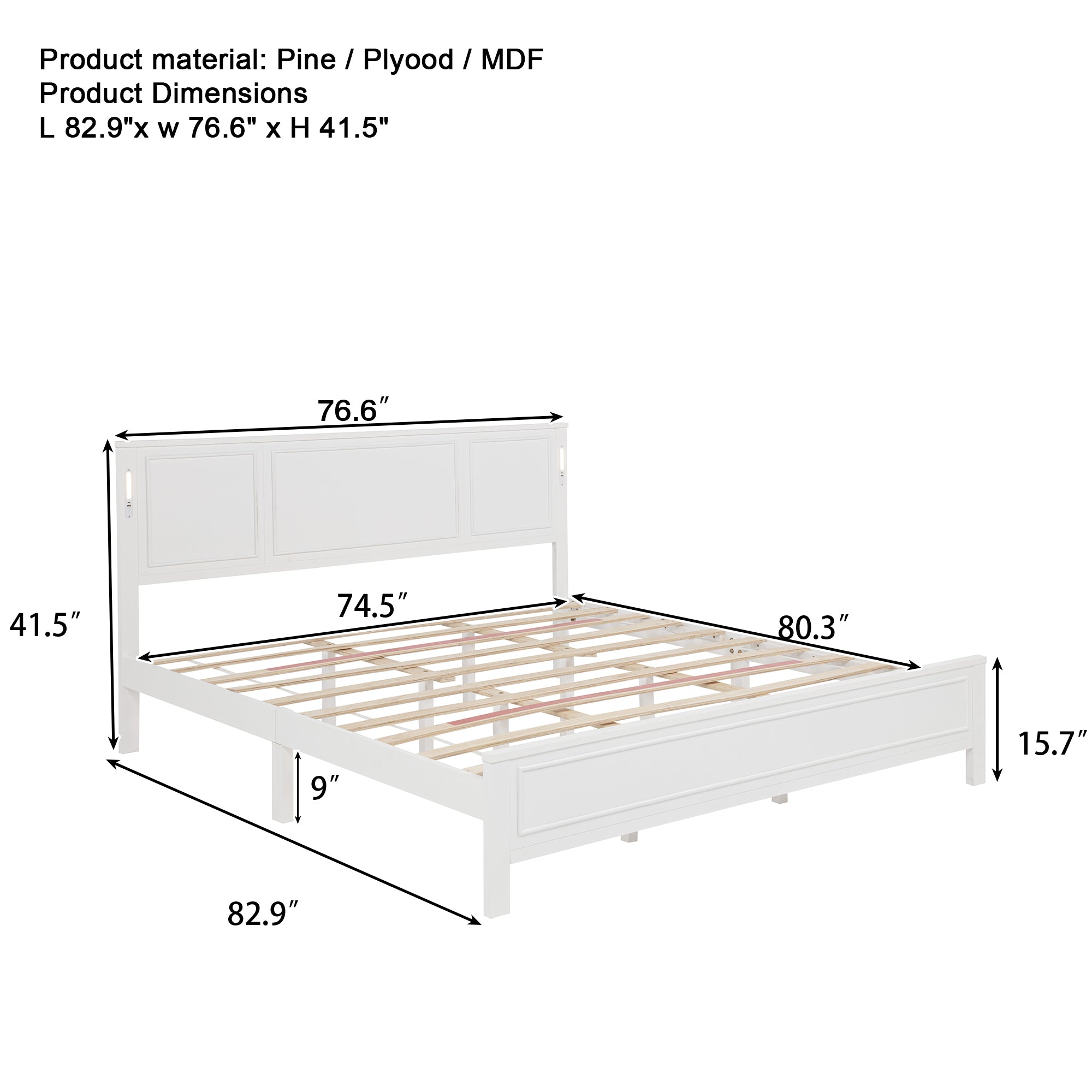King Size Bed with Tall-Panel Headboard & Footboard, Built-in LED Lights, USB Charging Station, Pinewood Bed with Strengthened Bed Frame