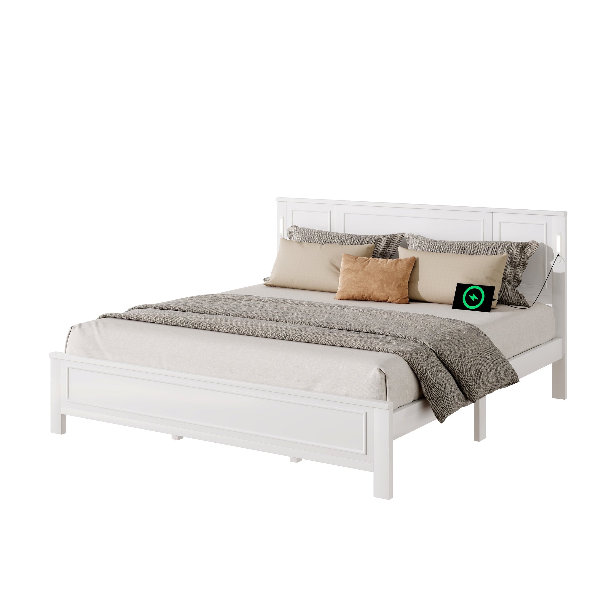 King Size Bed with Tall-Panel Headboard & Footboard, Built-in LED Lights, USB Charging Station, Pinewood Bed with Strengthened Bed Frame