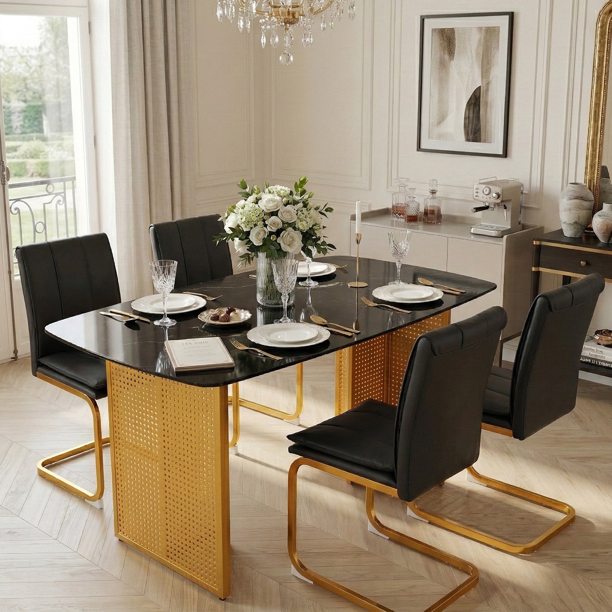 Modern-Style Rectangular Tempered Glass Dining Table for 6, Featuring a Marble-Patterned Design with Golden Hollow-Out Metal Legs, an Ideal Dining Table for Living Rooms and Home Offices.