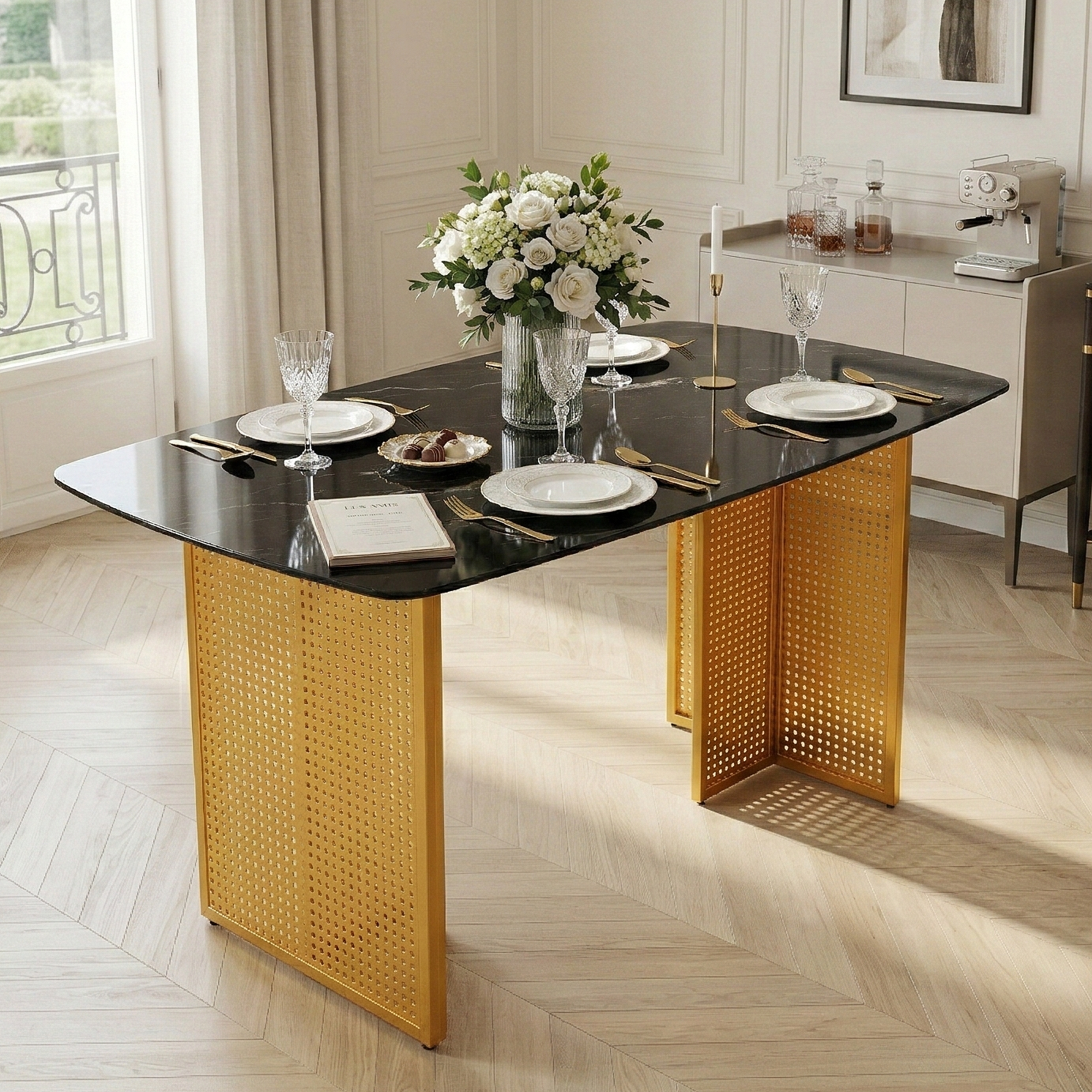 Modern-Style Rectangular Tempered Glass Dining Table for 6, Featuring a Marble-Patterned Design with Golden Hollow-Out Metal Legs, an Ideal Dining Table for Living Rooms and Home Offices.