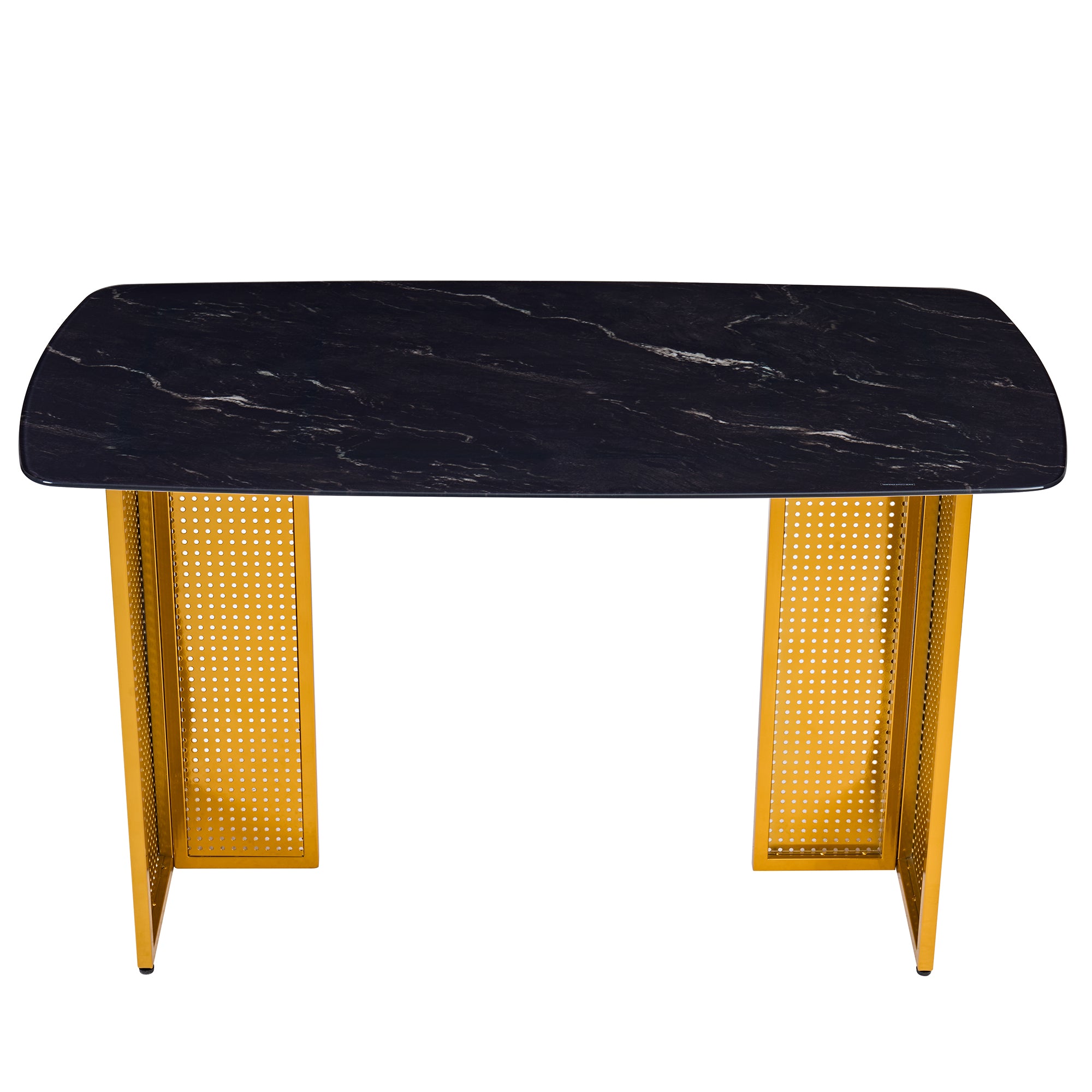 Modern-Style Rectangular Tempered Glass Dining Table for 6, Featuring a Marble-Patterned Design with Golden Hollow-Out Metal Legs, an Ideal Dining Table for Living Rooms and Home Offices.