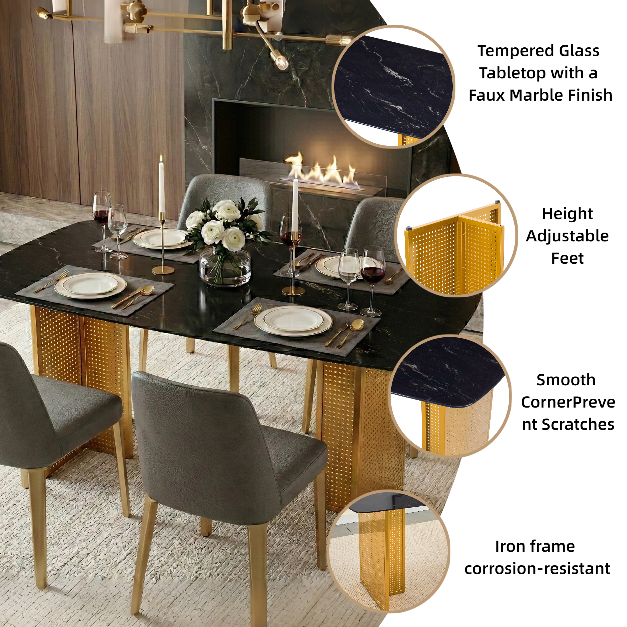 Modern-Style Rectangular Tempered Glass Dining Table for 6, Featuring a Marble-Patterned Design with Golden Hollow-Out Metal Legs, an Ideal Dining Table for Living Rooms and Home Offices.