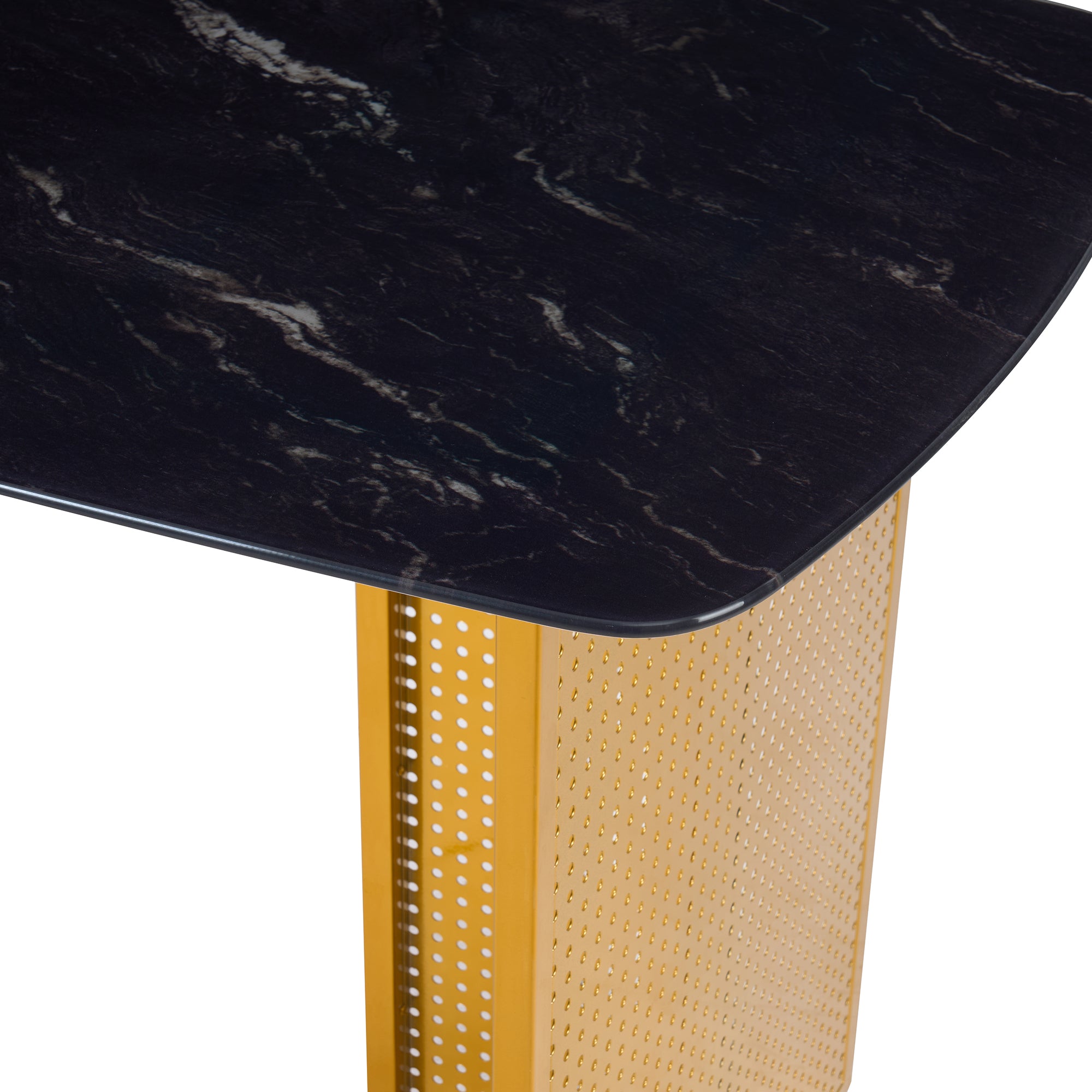 Modern-Style Rectangular Tempered Glass Dining Table for 6, Featuring a Marble-Patterned Design with Golden Hollow-Out Metal Legs, an Ideal Dining Table for Living Rooms and Home Offices.