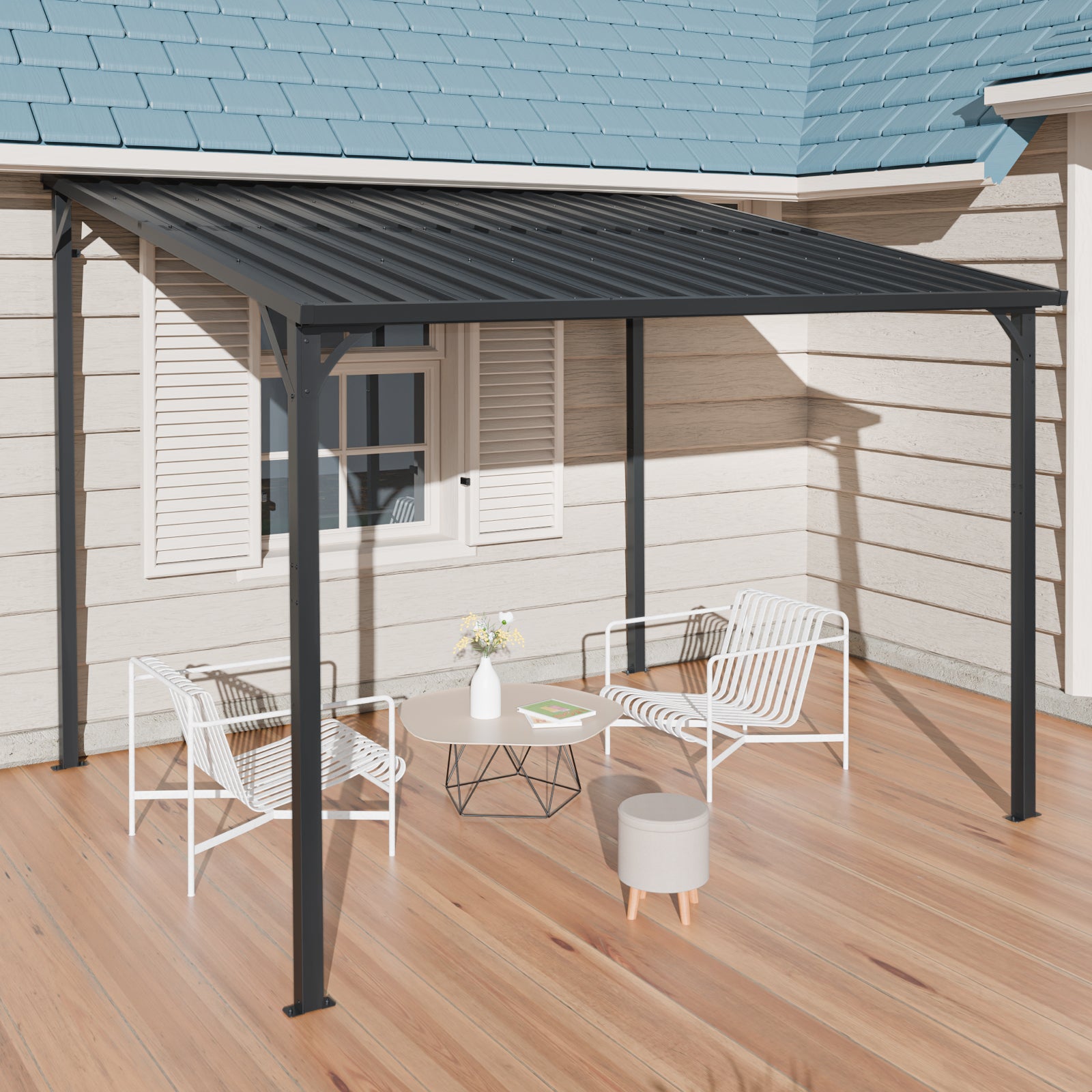 Outdoor Pergola 8" x 10" Metal Inclined Roof Pergolas Waterproof Wall-mounted iron sheet shed Gazebo