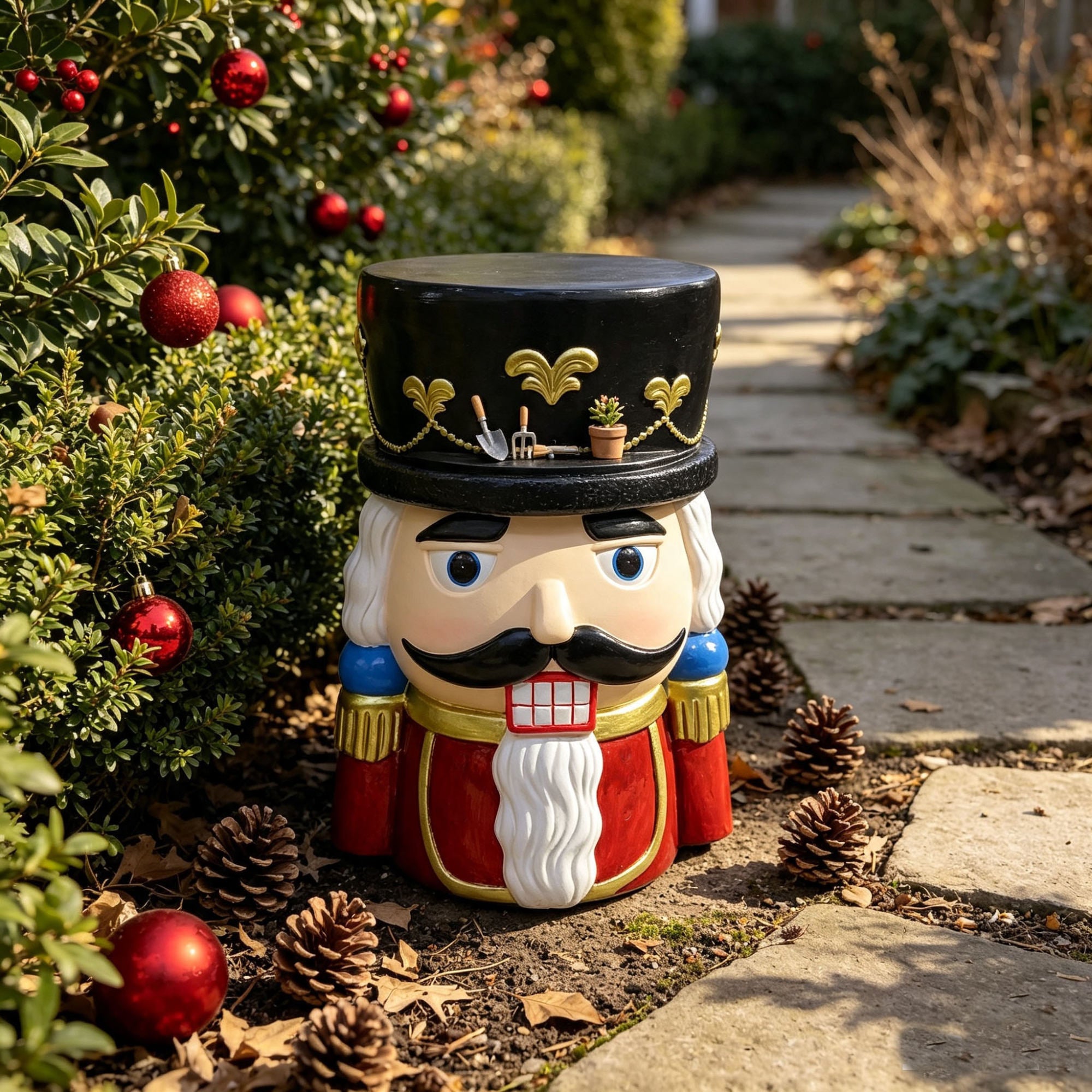 19'' Classic Nutcracker Soldier Stool, Retro Christmas Character Side Table Decor, Indoor & Outdoor Creative Figurine Seat for Patio, Garden, Living Room Home Decor