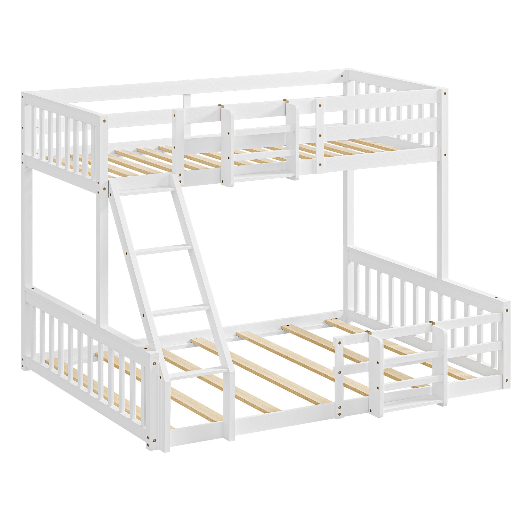 Twin Over Full Floor Bunk Bed with Ladder and Bookshelf, Space-Saving, Noise-Free, No Box Spring Needed,White