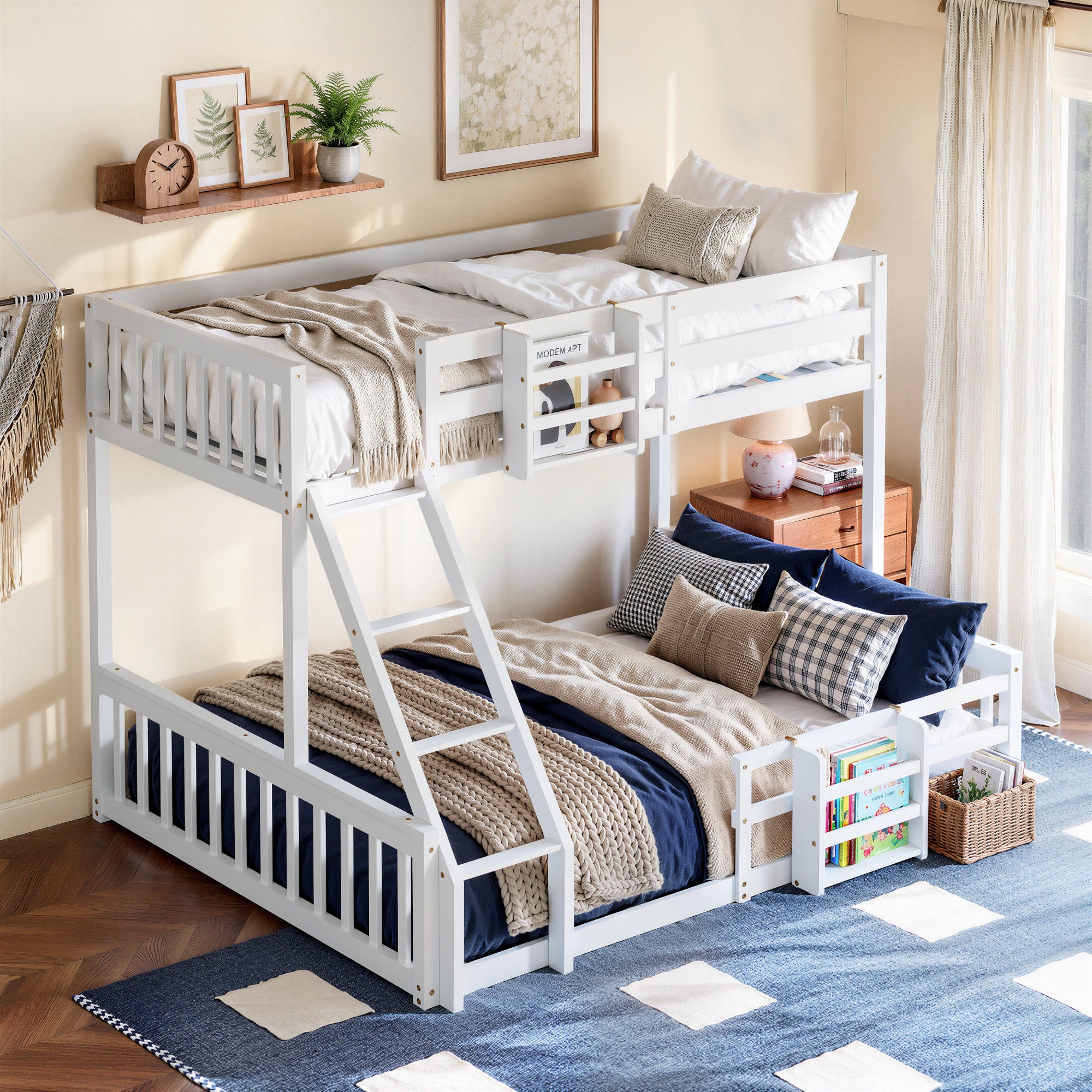 Twin Over Full Floor Bunk Bed with Ladder and Bookshelf, Space-Saving, Noise-Free, No Box Spring Needed,White
