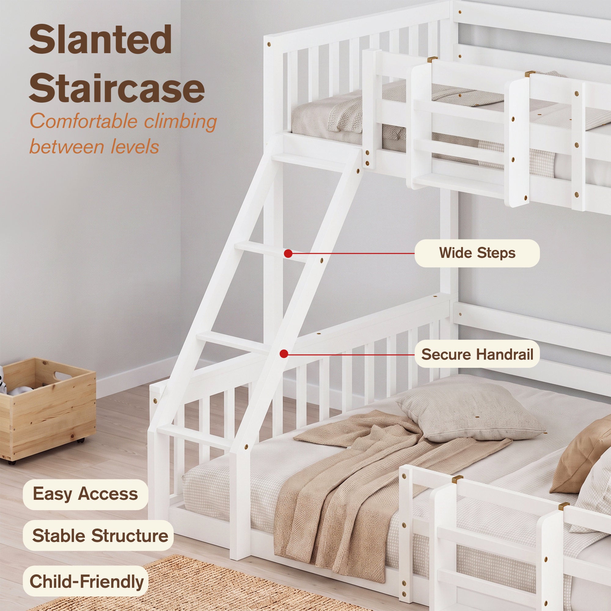 Twin Over Full Floor Bunk Bed with Ladder and Bookshelf, Space-Saving, Noise-Free, No Box Spring Needed,White
