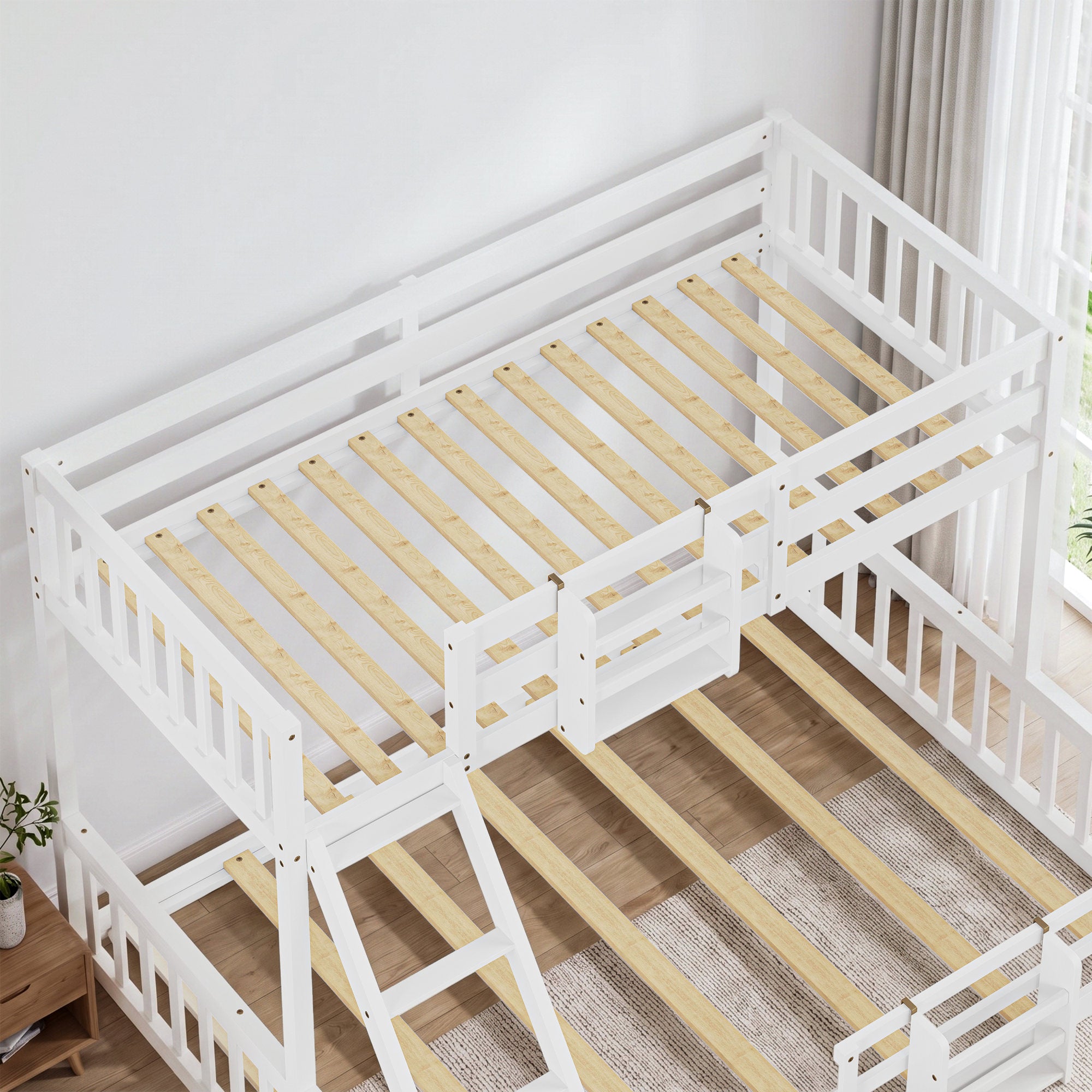 Twin Over Full Floor Bunk Bed with Ladder and Bookshelf, Space-Saving, Noise-Free, No Box Spring Needed,White