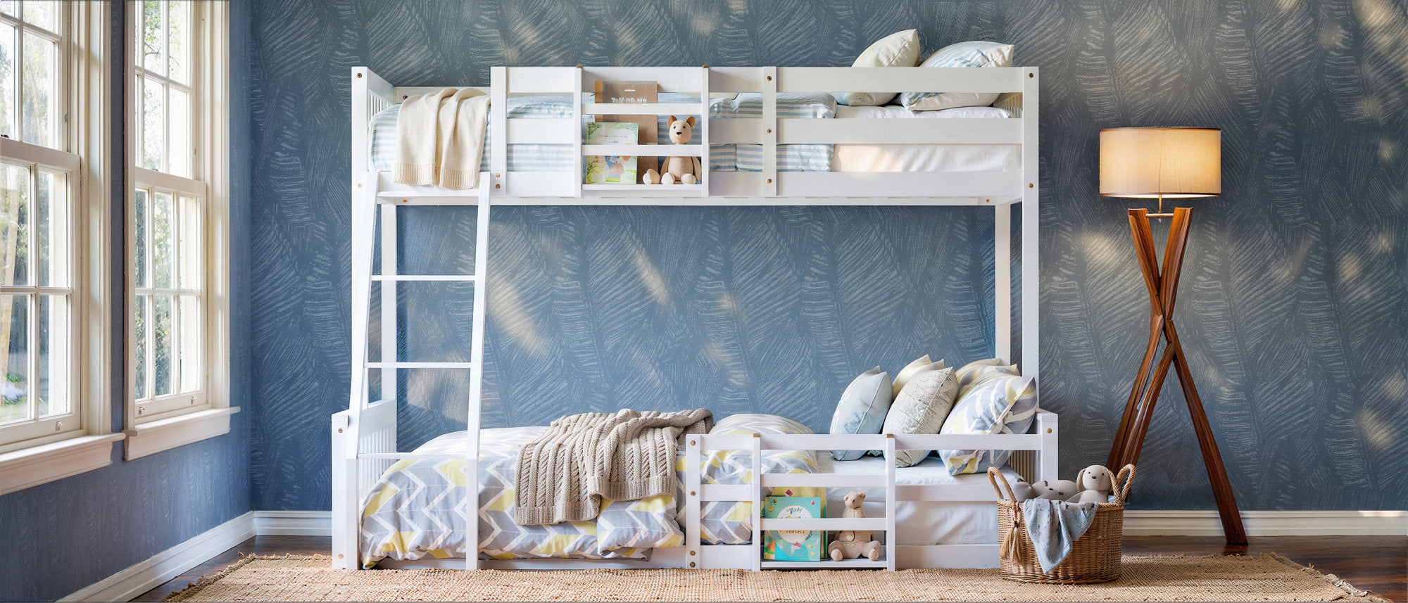 Twin Over Full Floor Bunk Bed with Ladder and Bookshelf, Space-Saving, Noise-Free, No Box Spring Needed,White