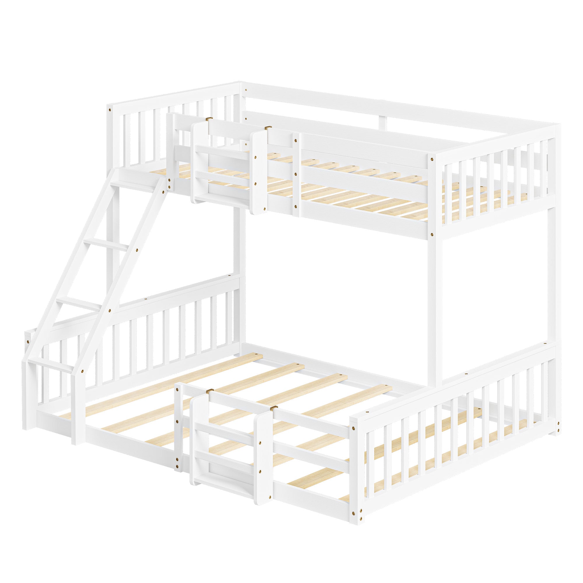 Twin Over Full Floor Bunk Bed with Ladder and Bookshelf, Space-Saving, Noise-Free, No Box Spring Needed,White